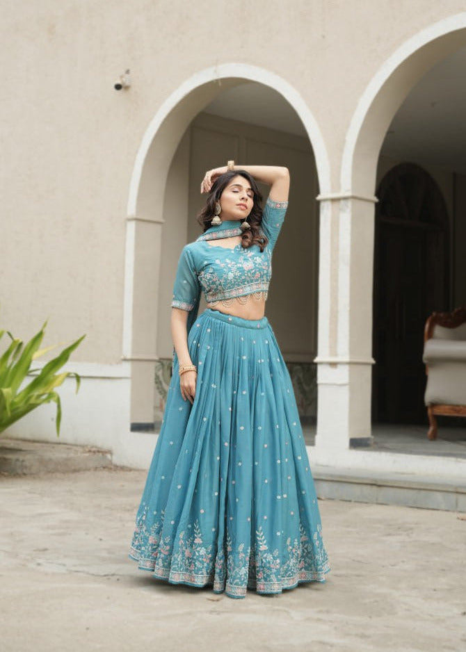 Turquoise Bloom Embroidered Lehenga Set
