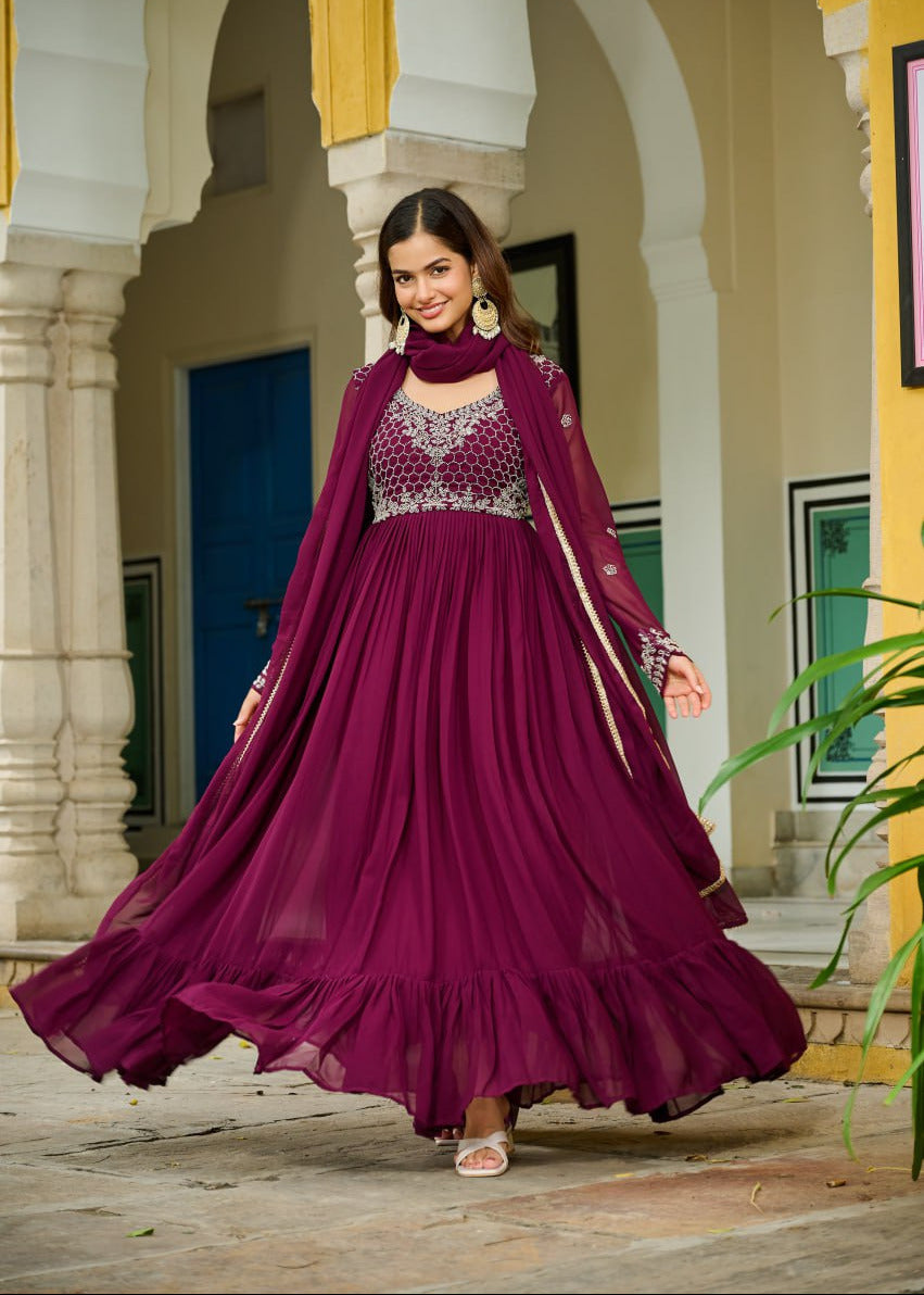 Wine Gown With Beads Embroidery Gown