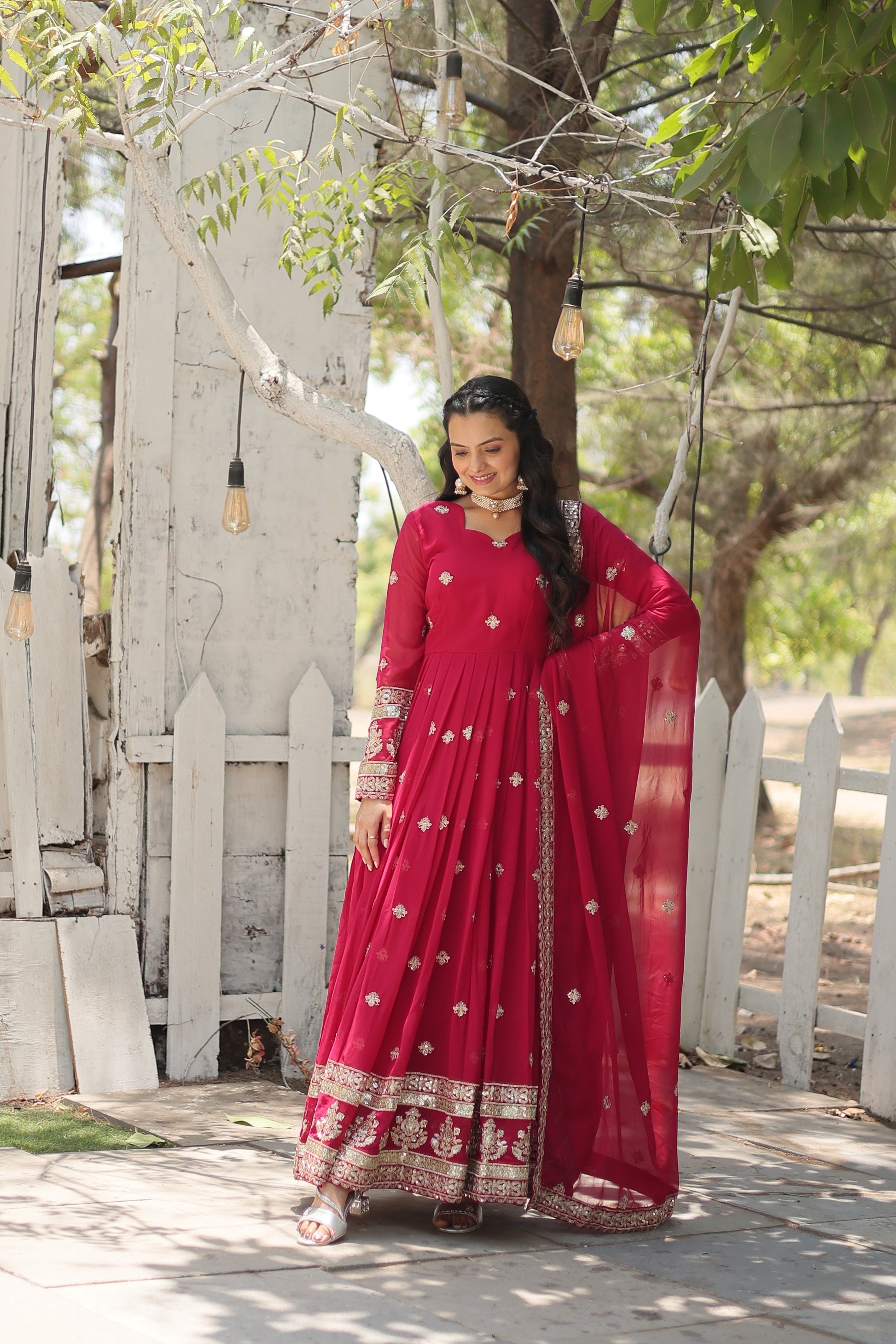 Charvi pink embroidered flared Anarkali gown set