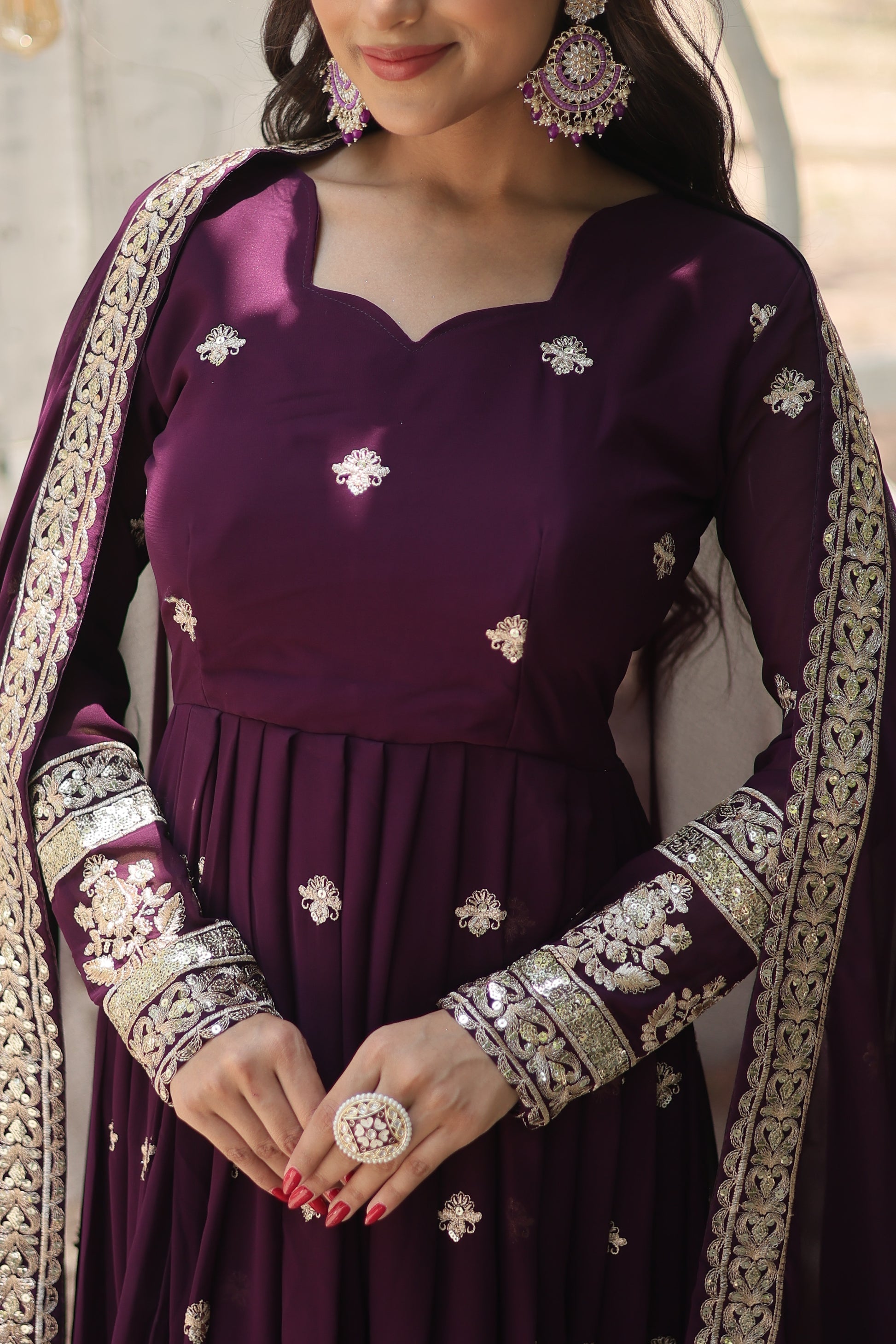 Charvi purple embroidered flared Anarkali gown set