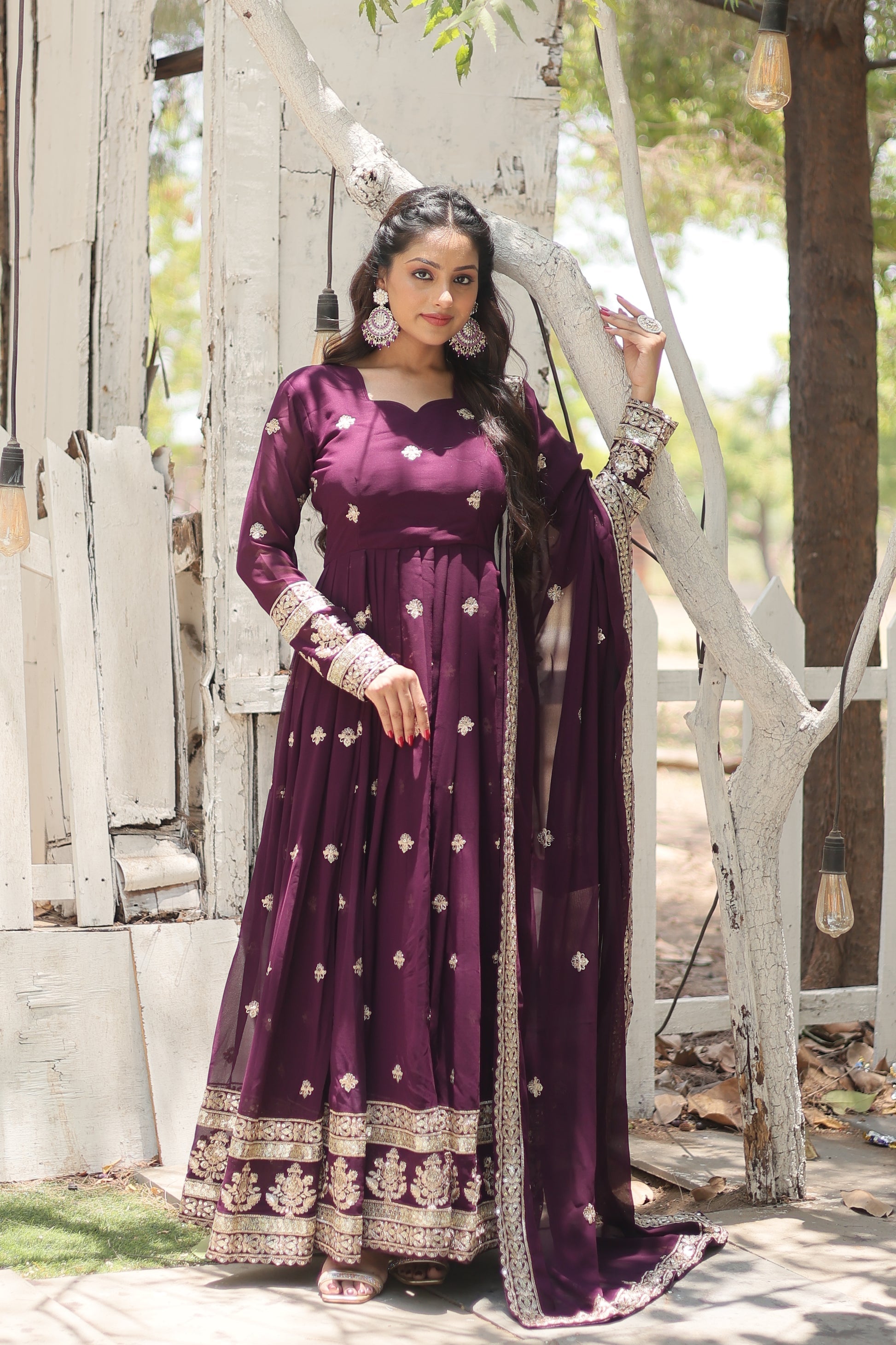 Charvi purple embroidered flared Anarkali gown set