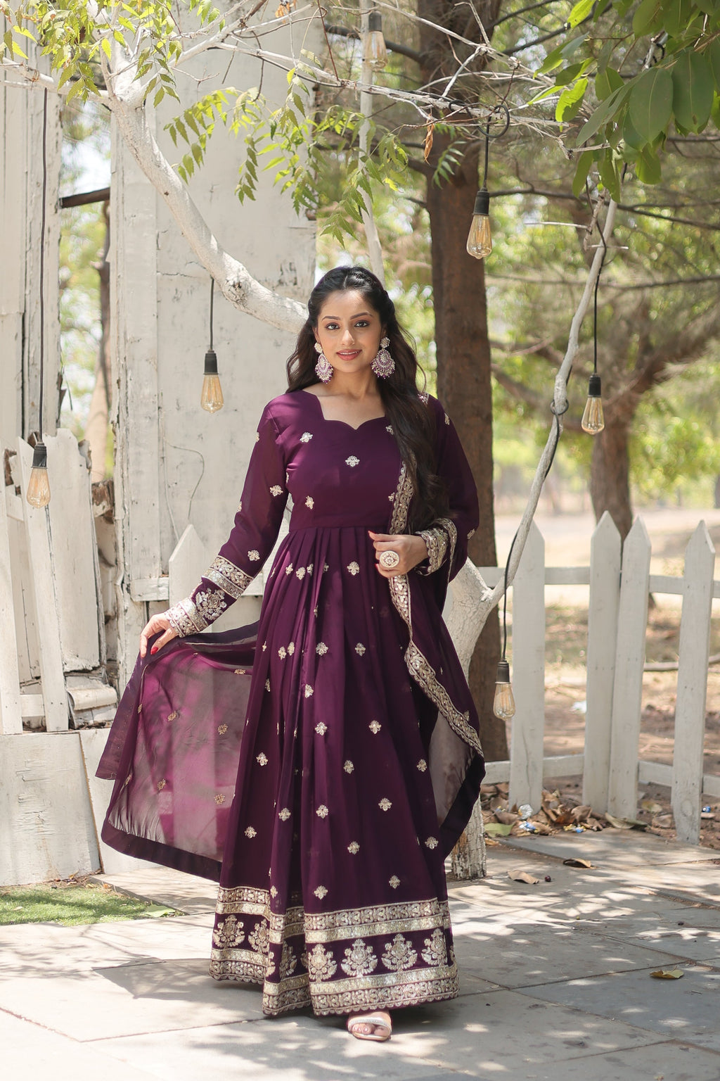 Charvi purple embroidered flared Anarkali gown set