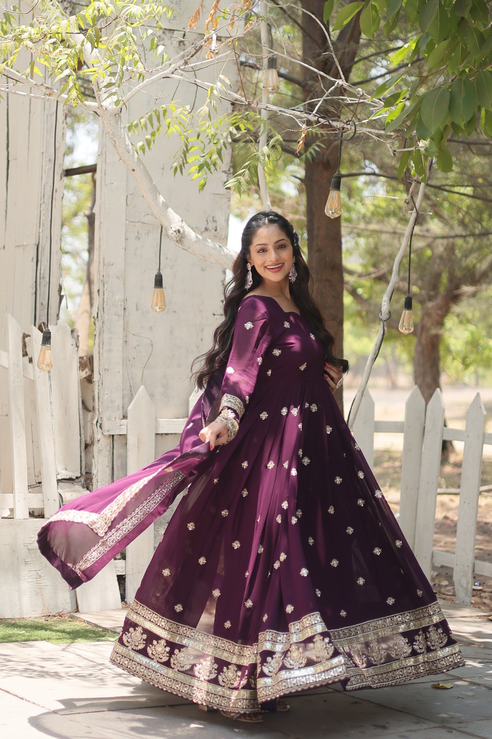 Charvi purple embroidered flared Anarkali gown set