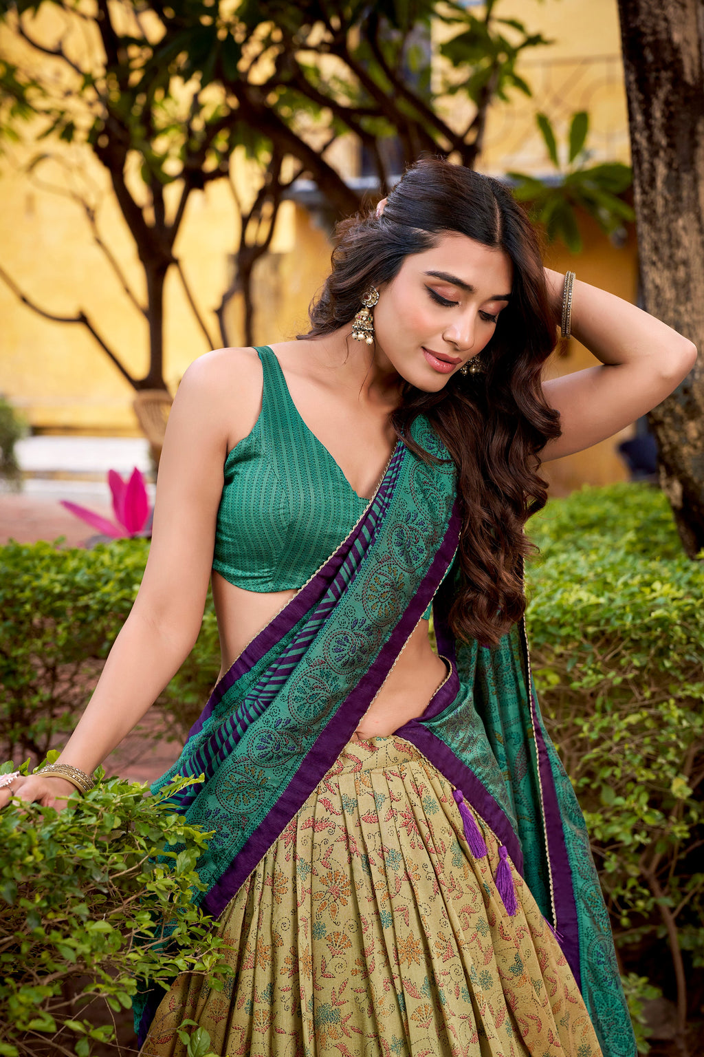 Chitra green Vichitra silk printed lehenga choli with dupatta