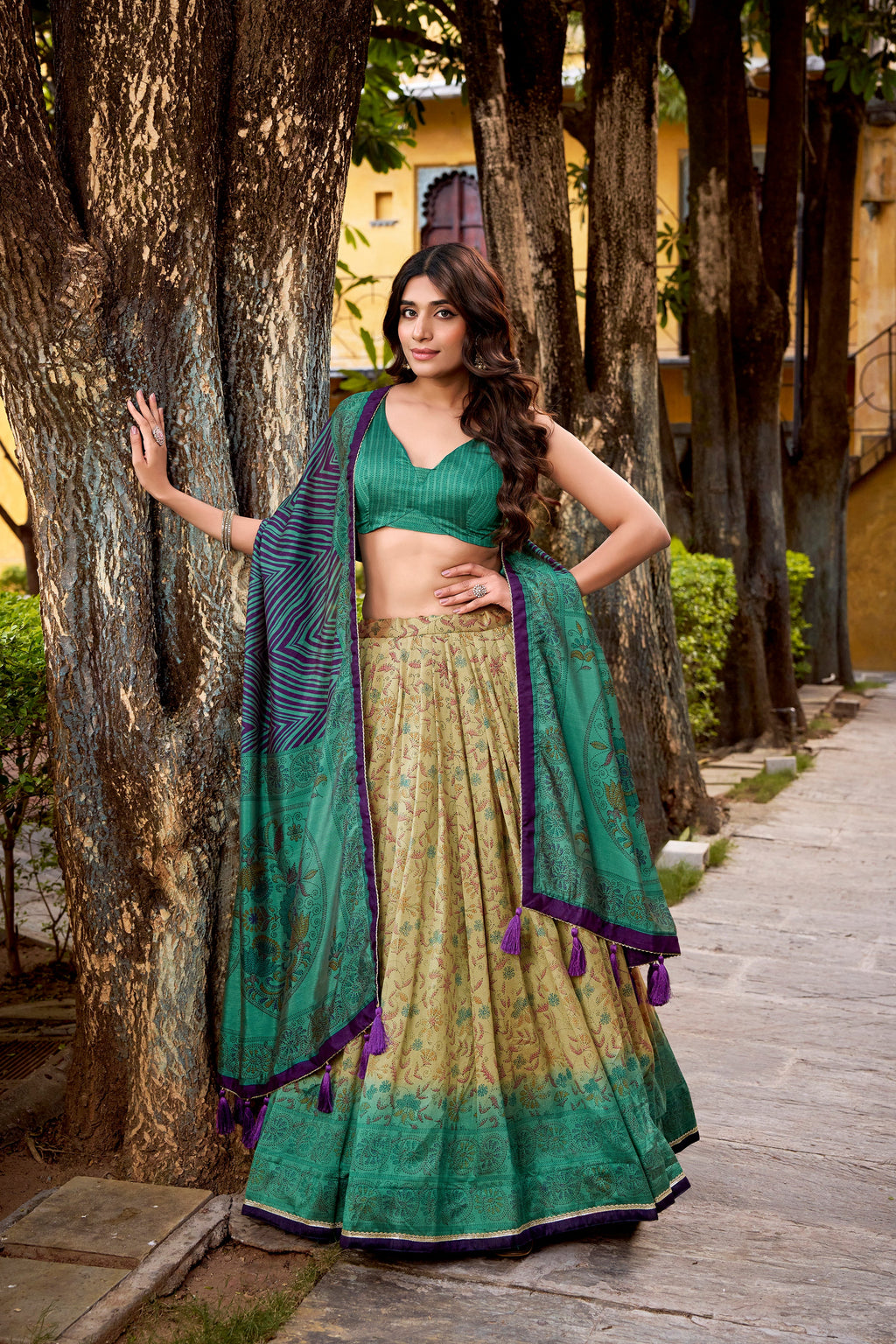 Chitra green Vichitra silk printed lehenga choli with dupatta