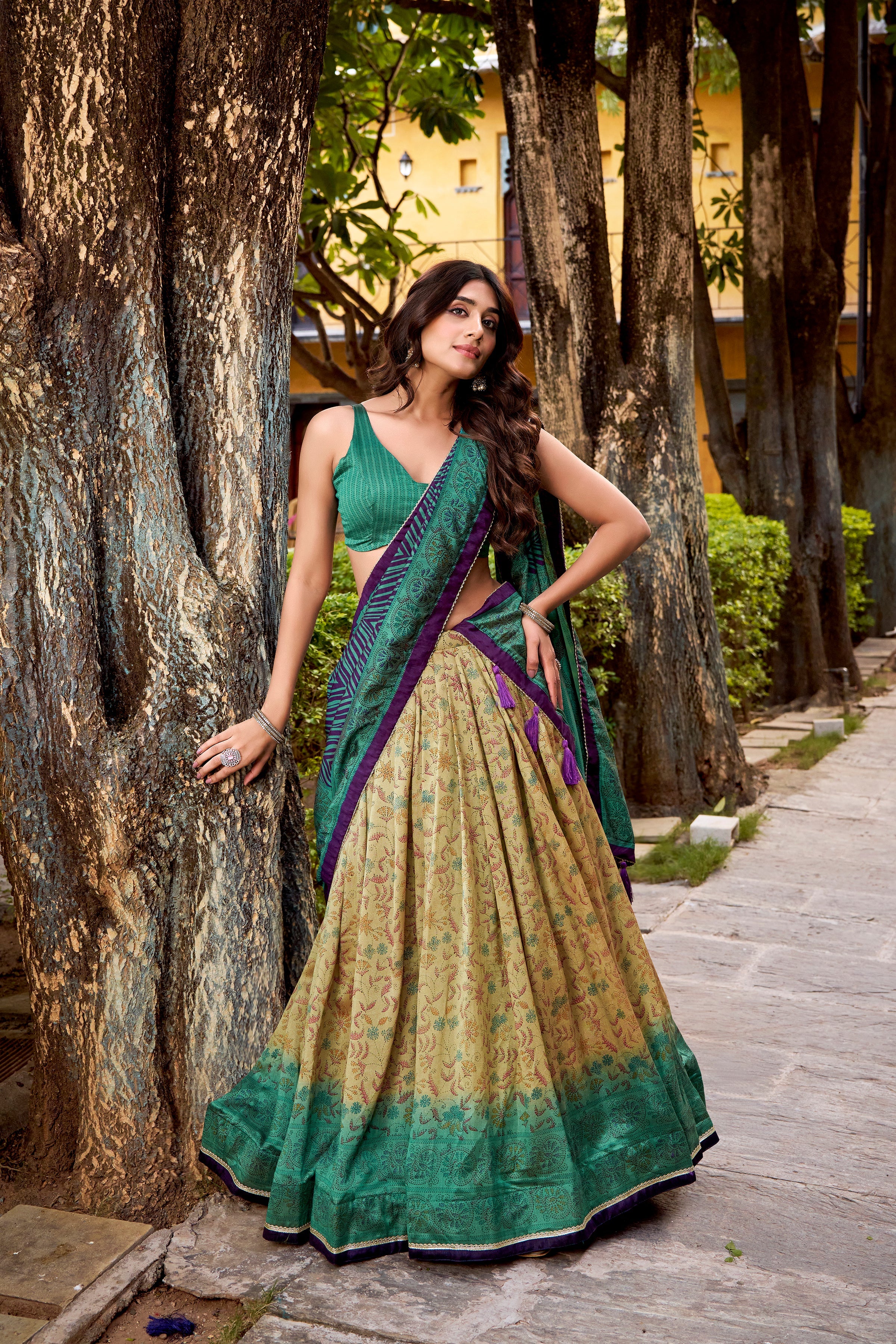 Chitra green Vichitra silk printed lehenga choli with dupatta