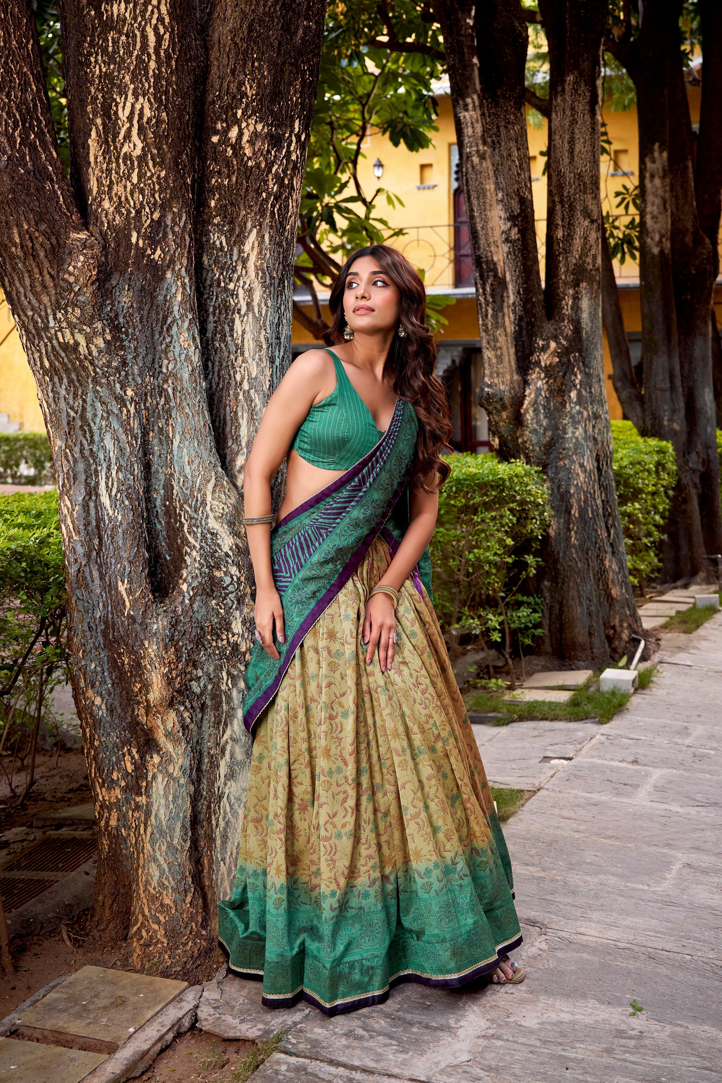 Chitra green Vichitra silk printed lehenga choli with dupatta