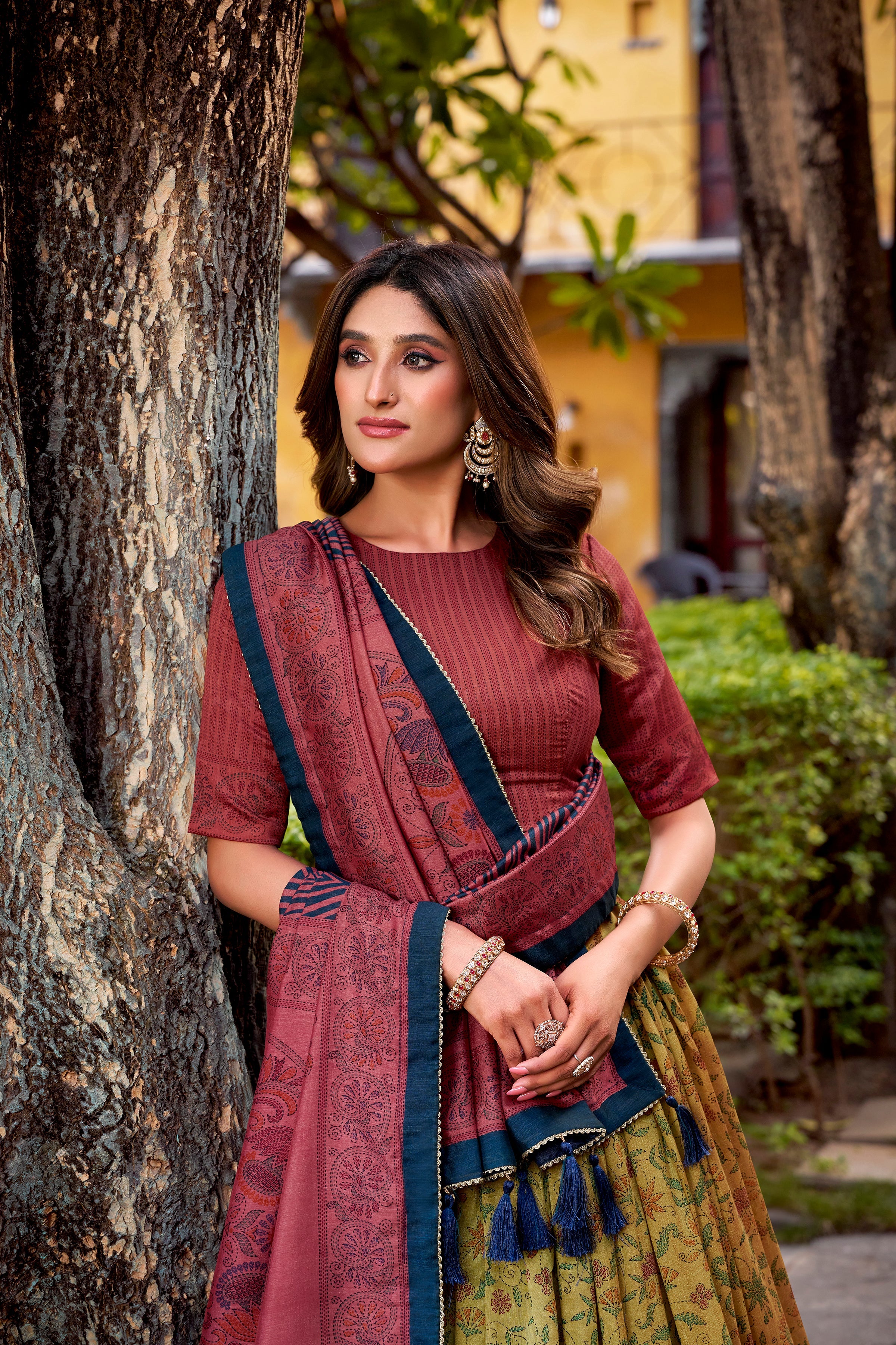 Chitra maroon Vichitra silk printed lehenga choli with dupatta