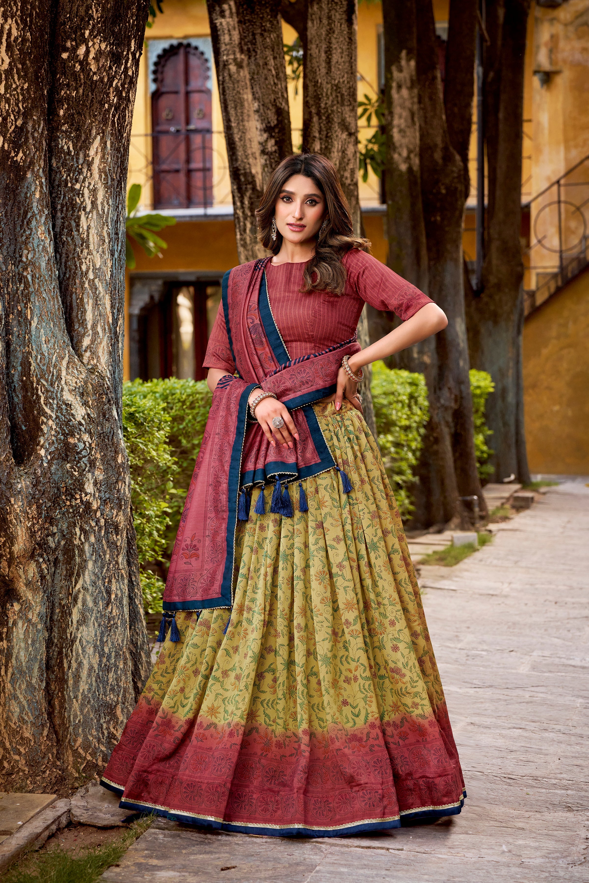 Chitra maroon Vichitra silk printed lehenga choli with dupatta