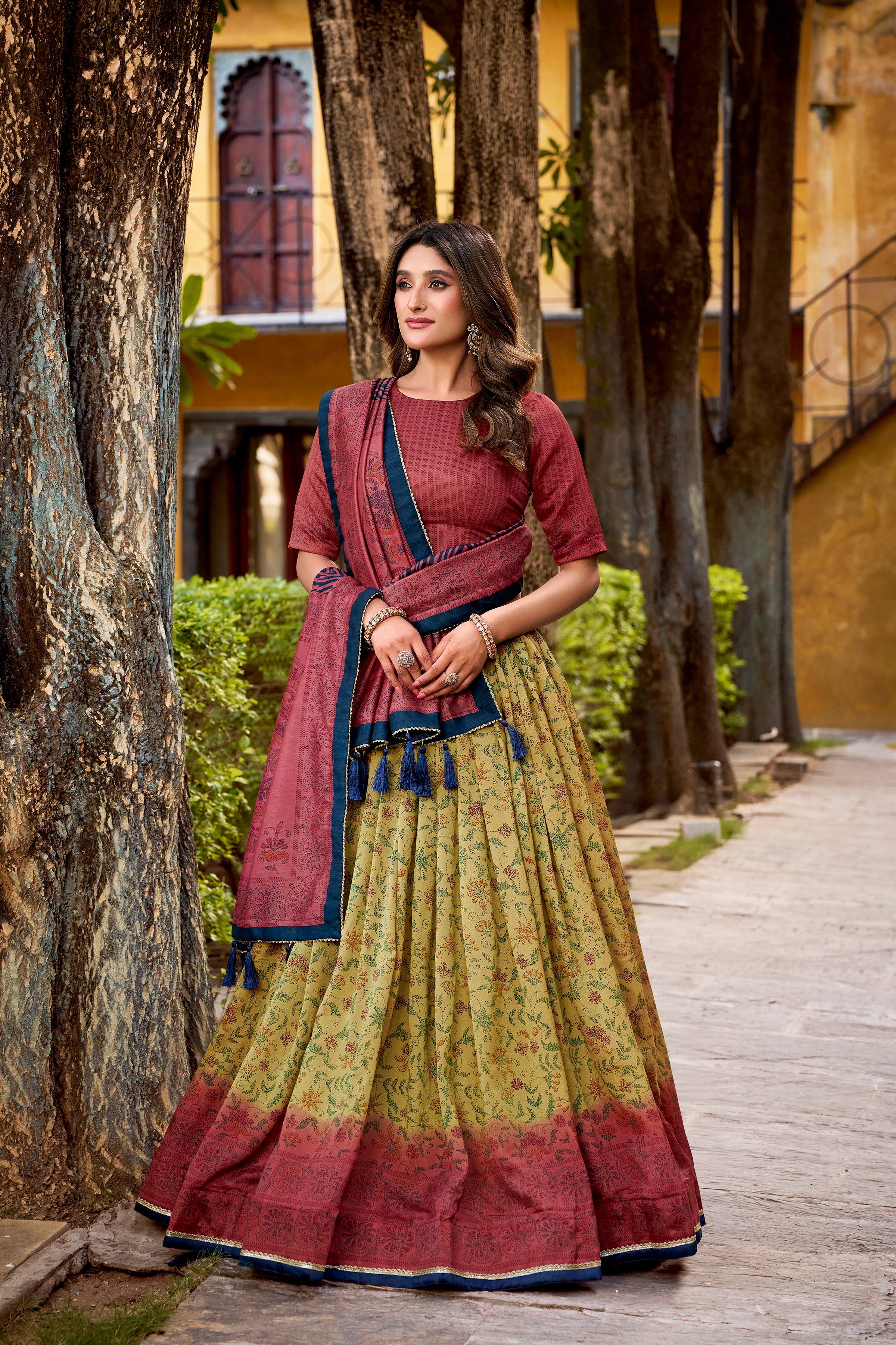 Chitra maroon Vichitra silk printed lehenga choli with dupatta