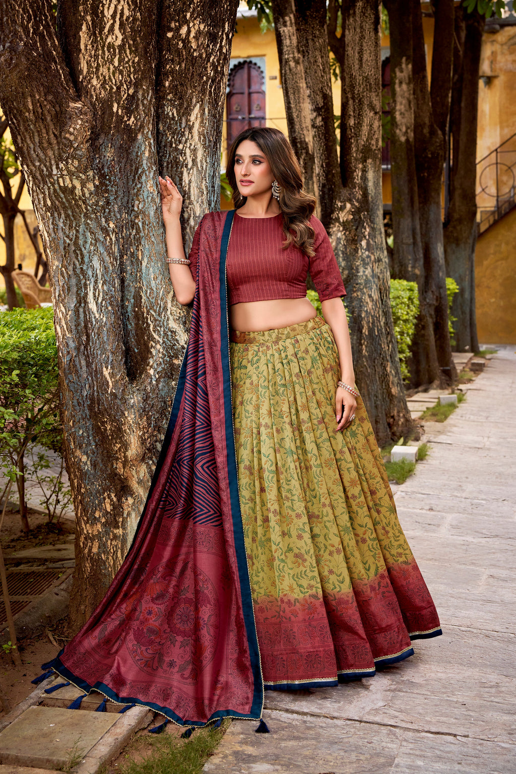 Chitra maroon Vichitra silk printed lehenga choli with dupatta