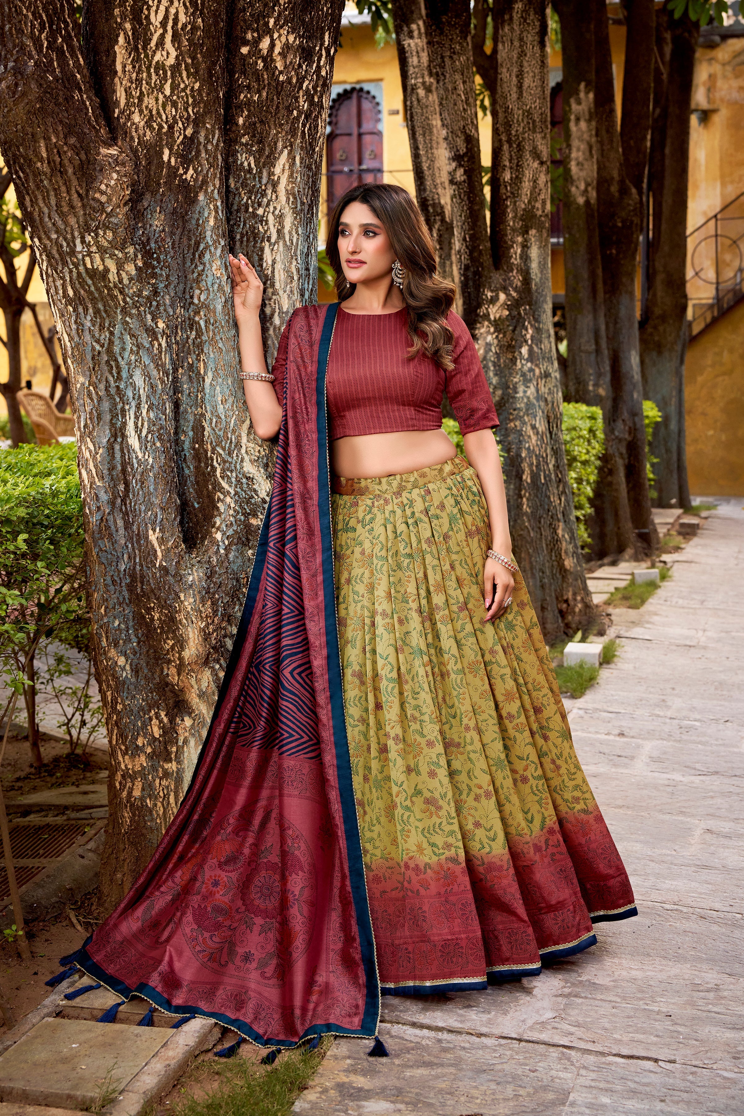 Chitra maroon Vichitra silk printed lehenga choli with dupatta
