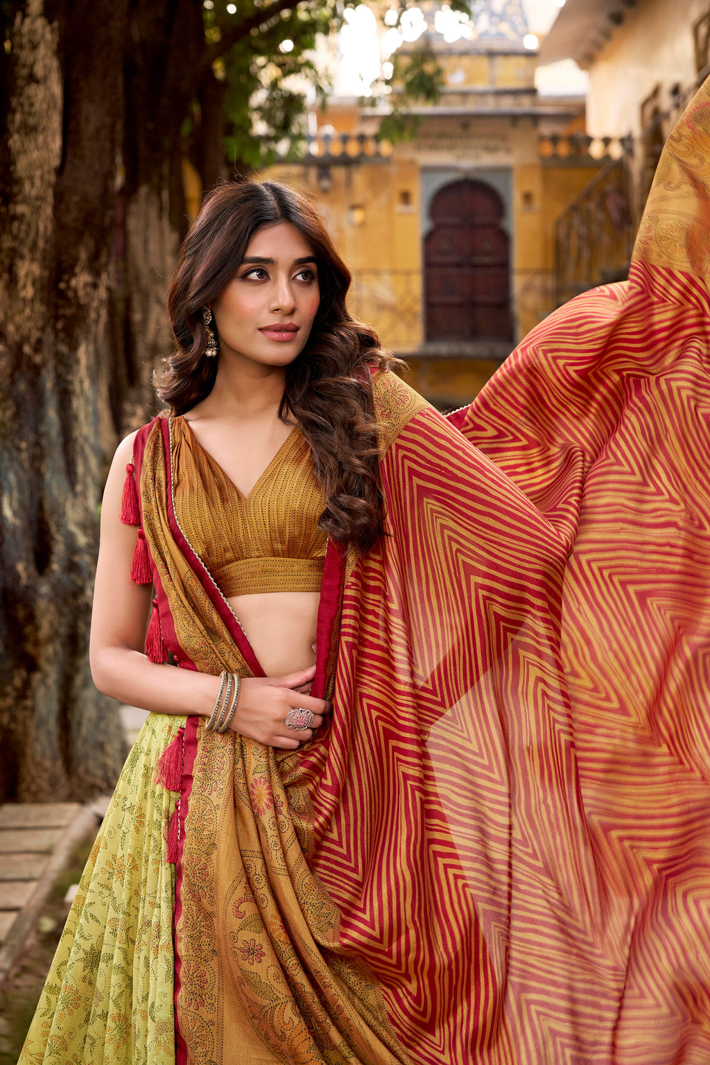 Chitra Mustard Yellow Color Vichitra Silk Printed Lehenga Choli With Dupatta