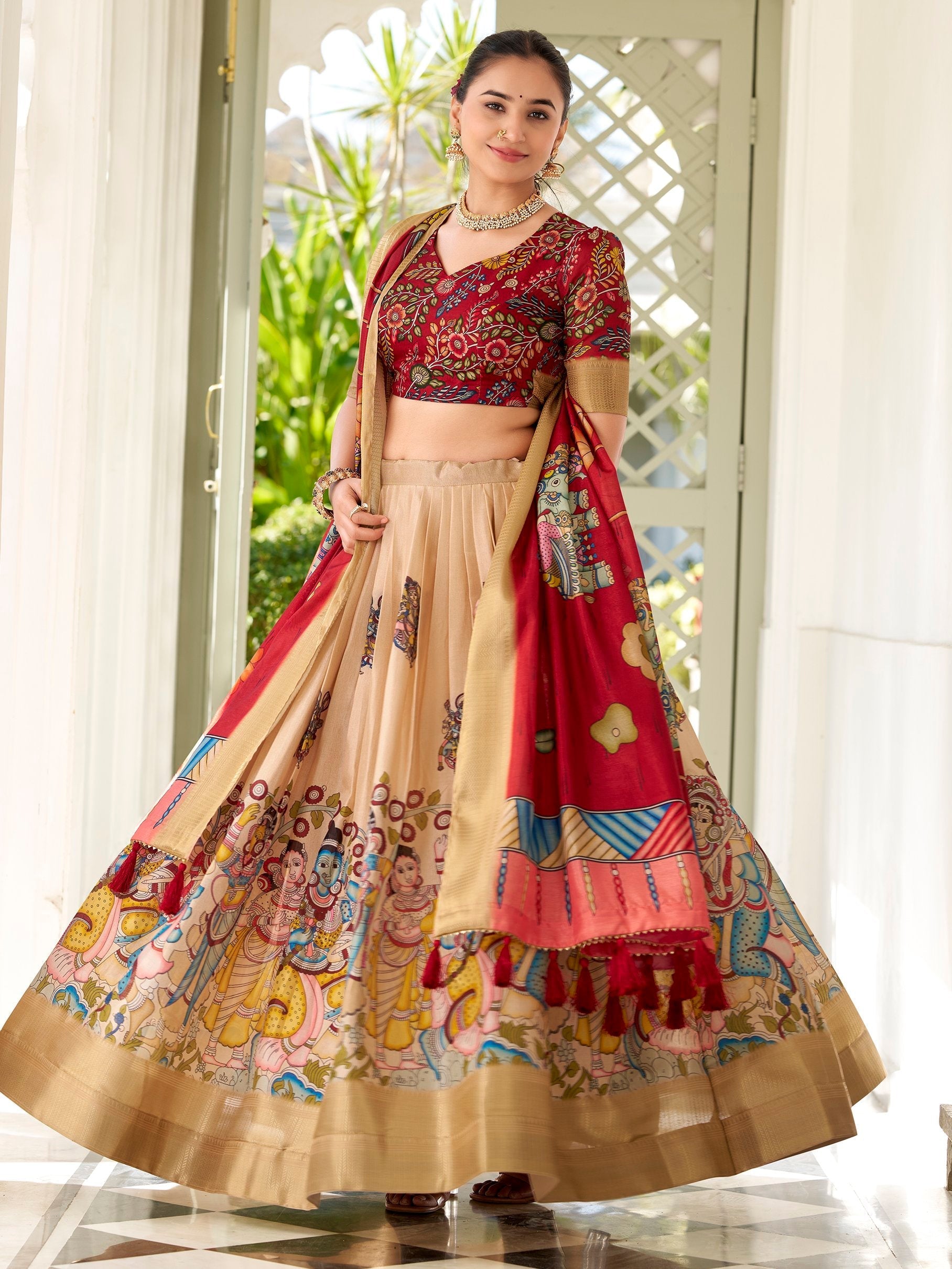 Cream colour dola silk kalamkari printed lehenga choli