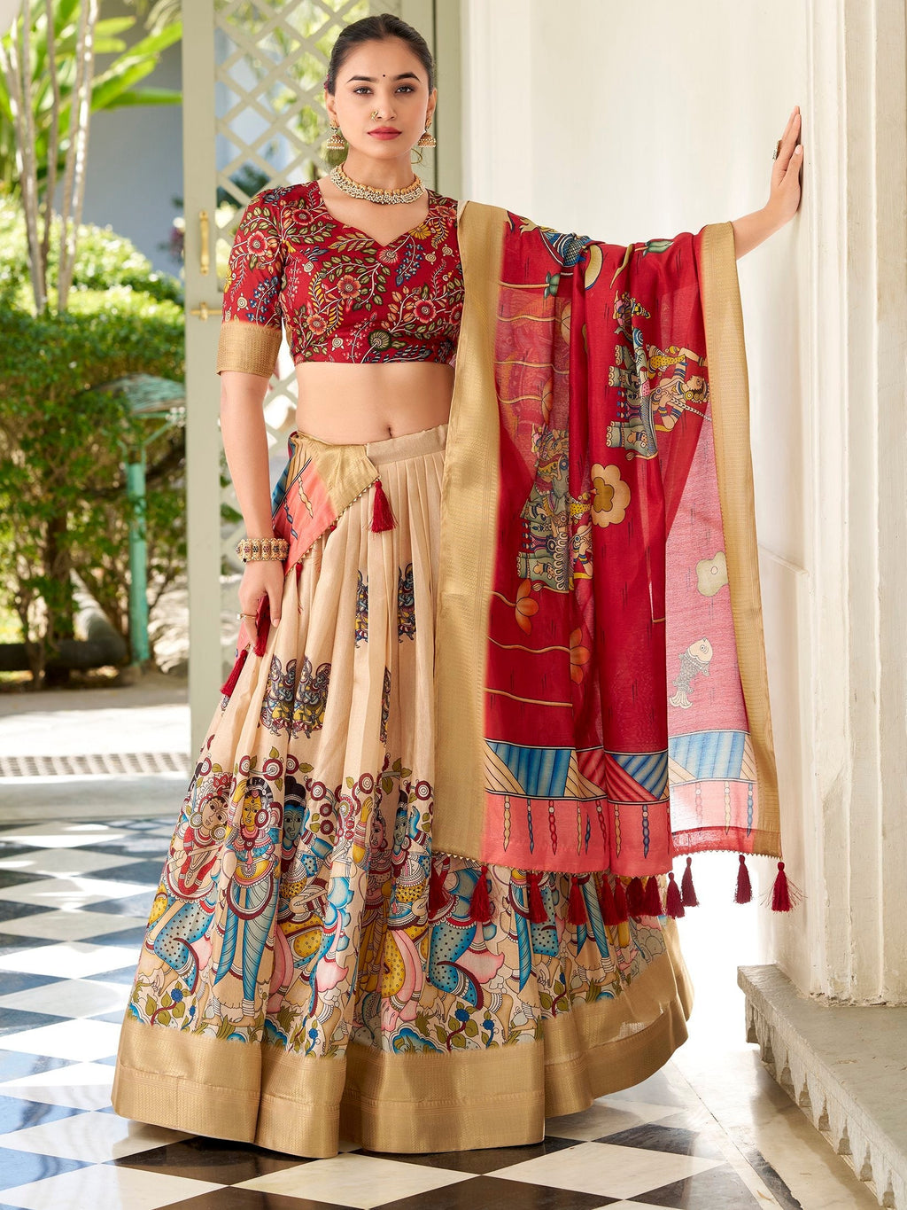Cream colour dola silk kalamkari printed lehenga choli