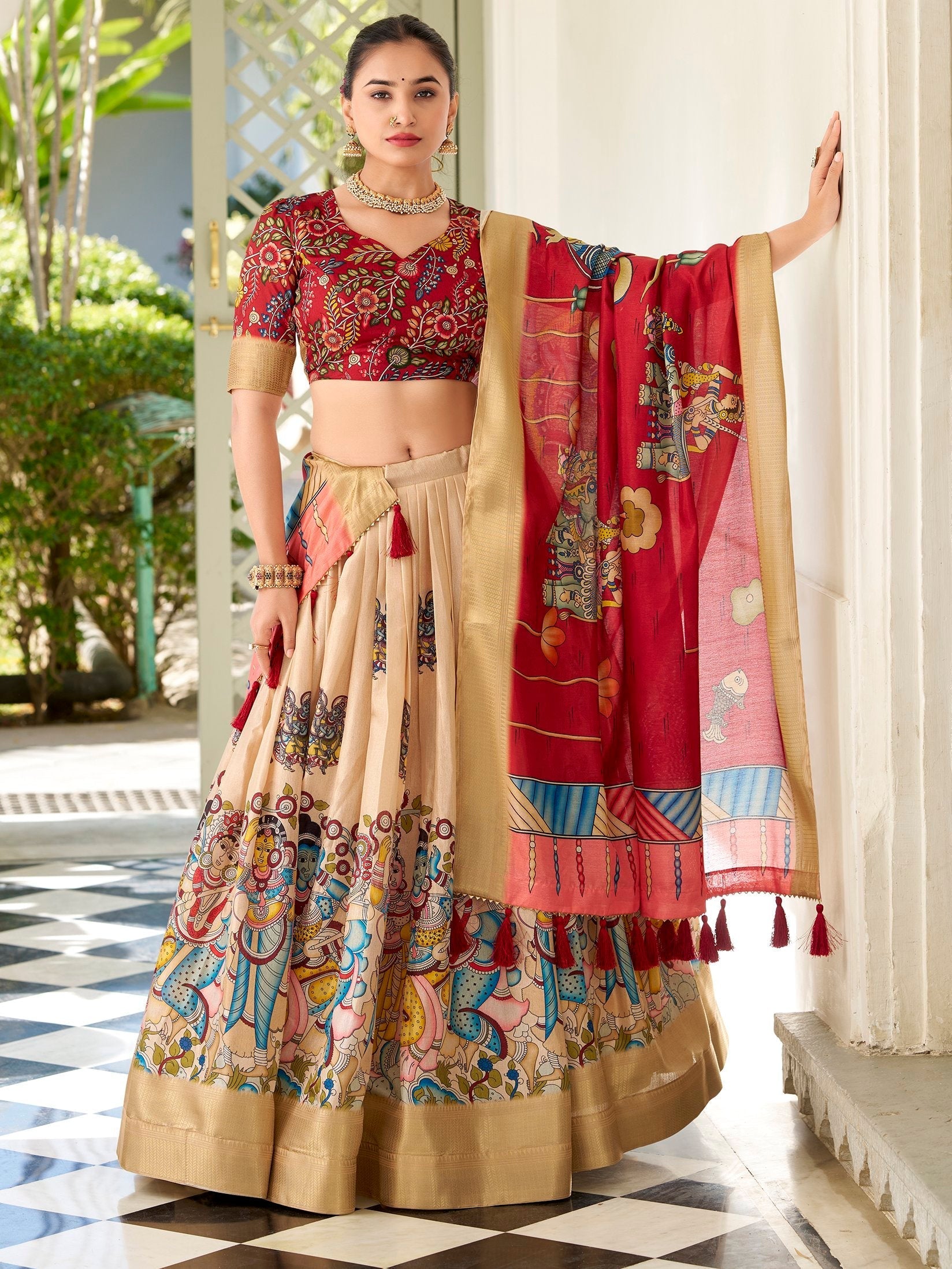 Cream colour dola silk kalamkari printed lehenga choli