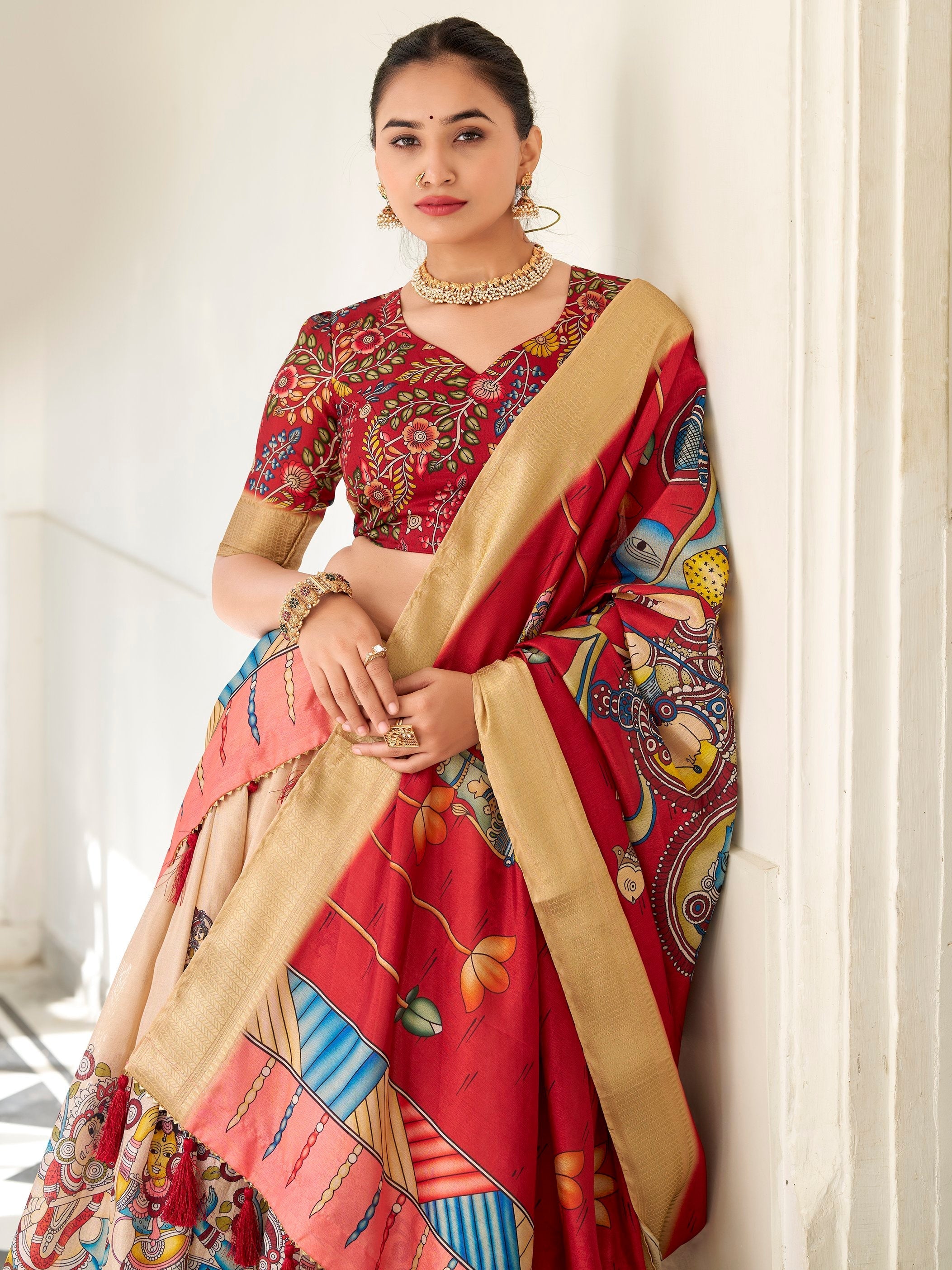 Cream colour dola silk kalamkari printed lehenga choli