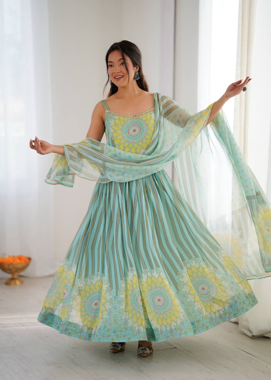 Sunflower Lehriya Printed Gown Set