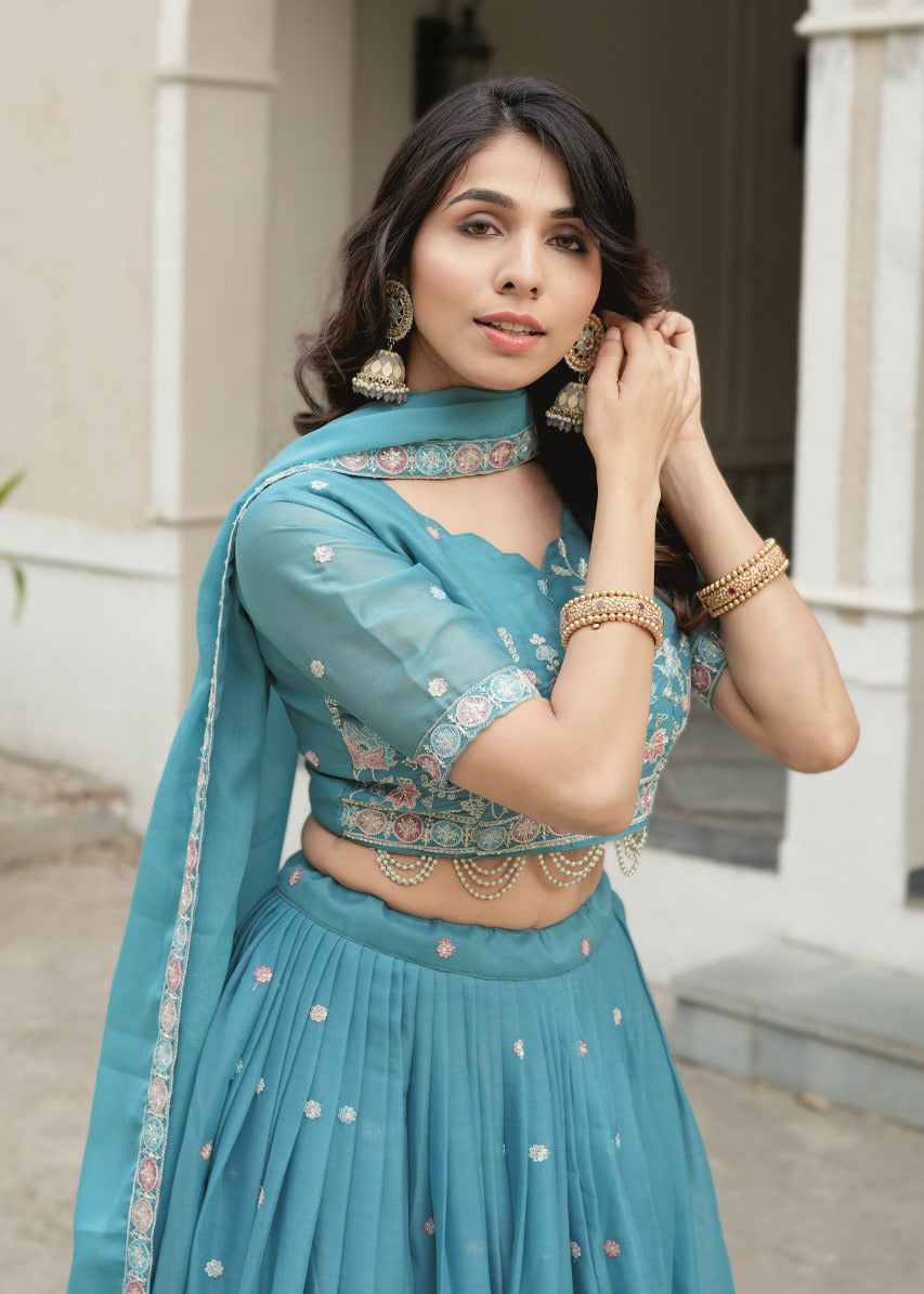 Turquoise Bloom Embroidered Lehenga Set