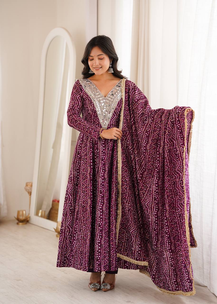 Bandhani Mirror Embroidered Gown Set