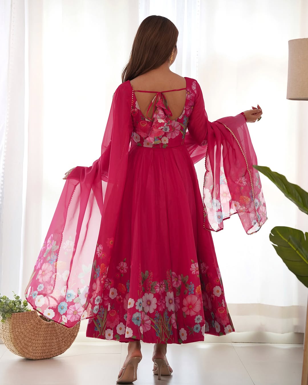 Darshika pink organza floral printed anarkali suit set