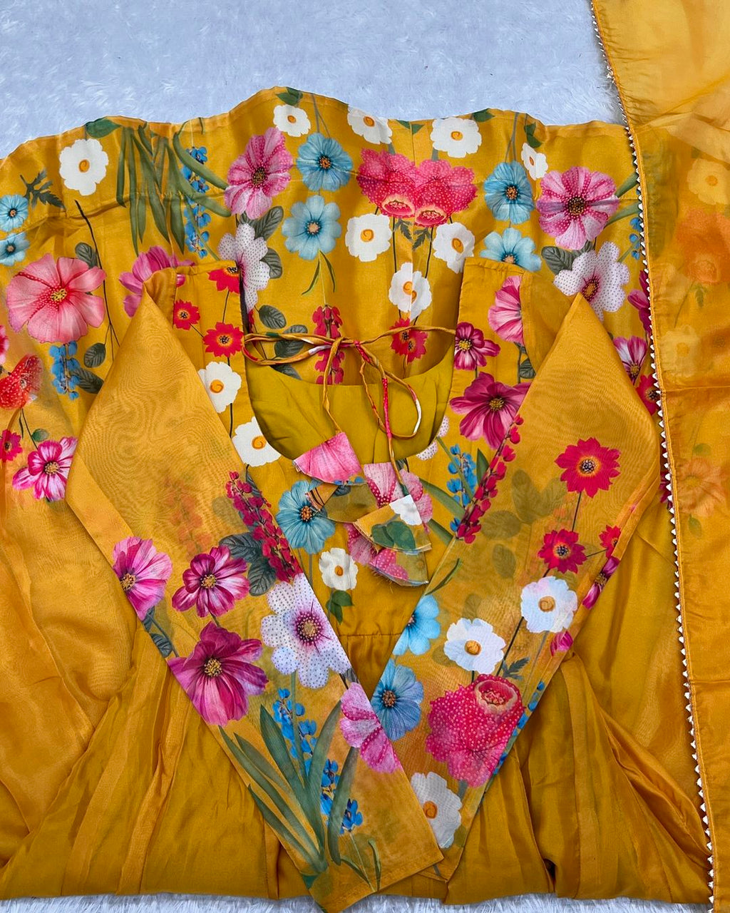 Darshika yellow organza floral printed Anarkali suit set