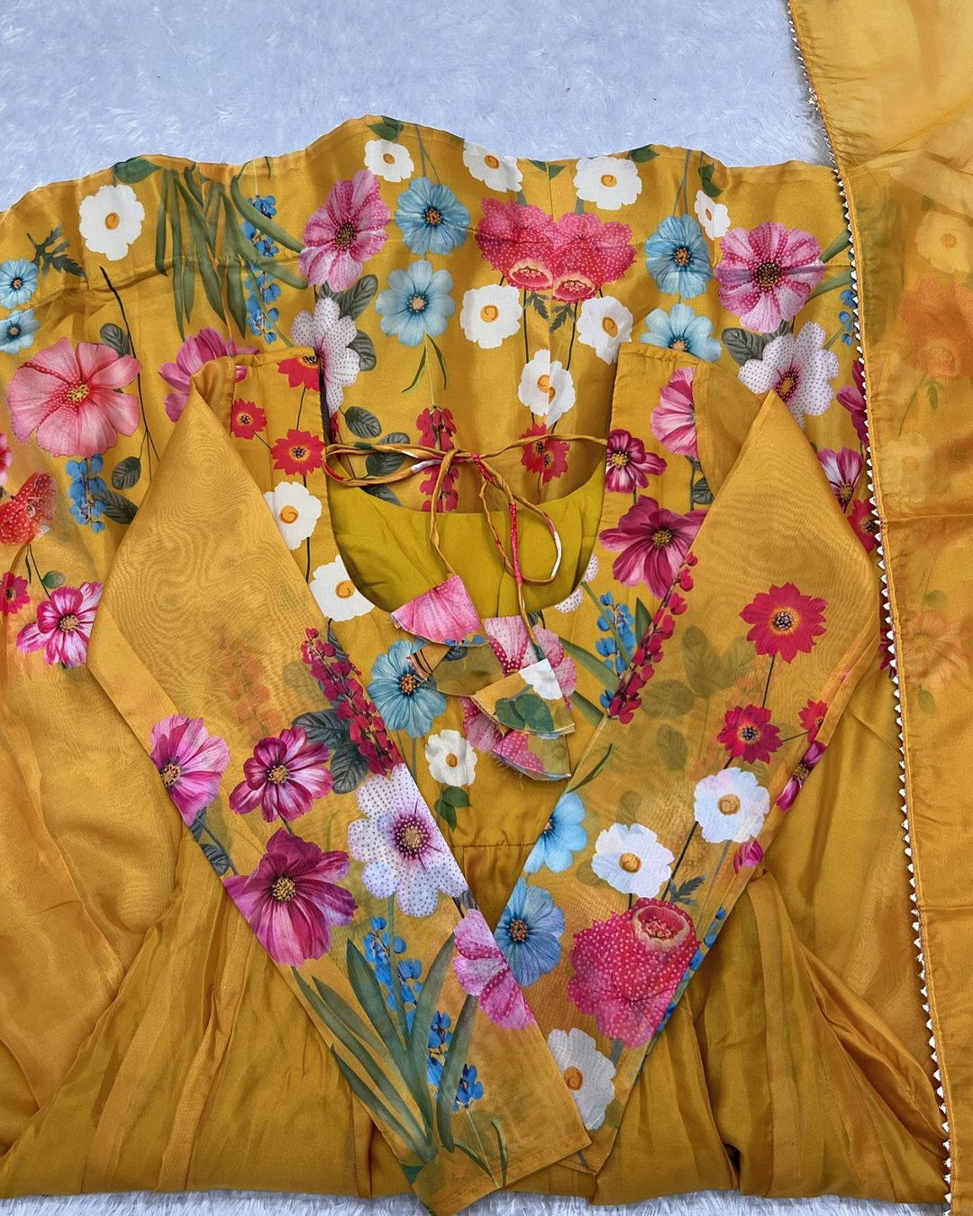 Darshika yellow organza floral printed Anarkali suit set