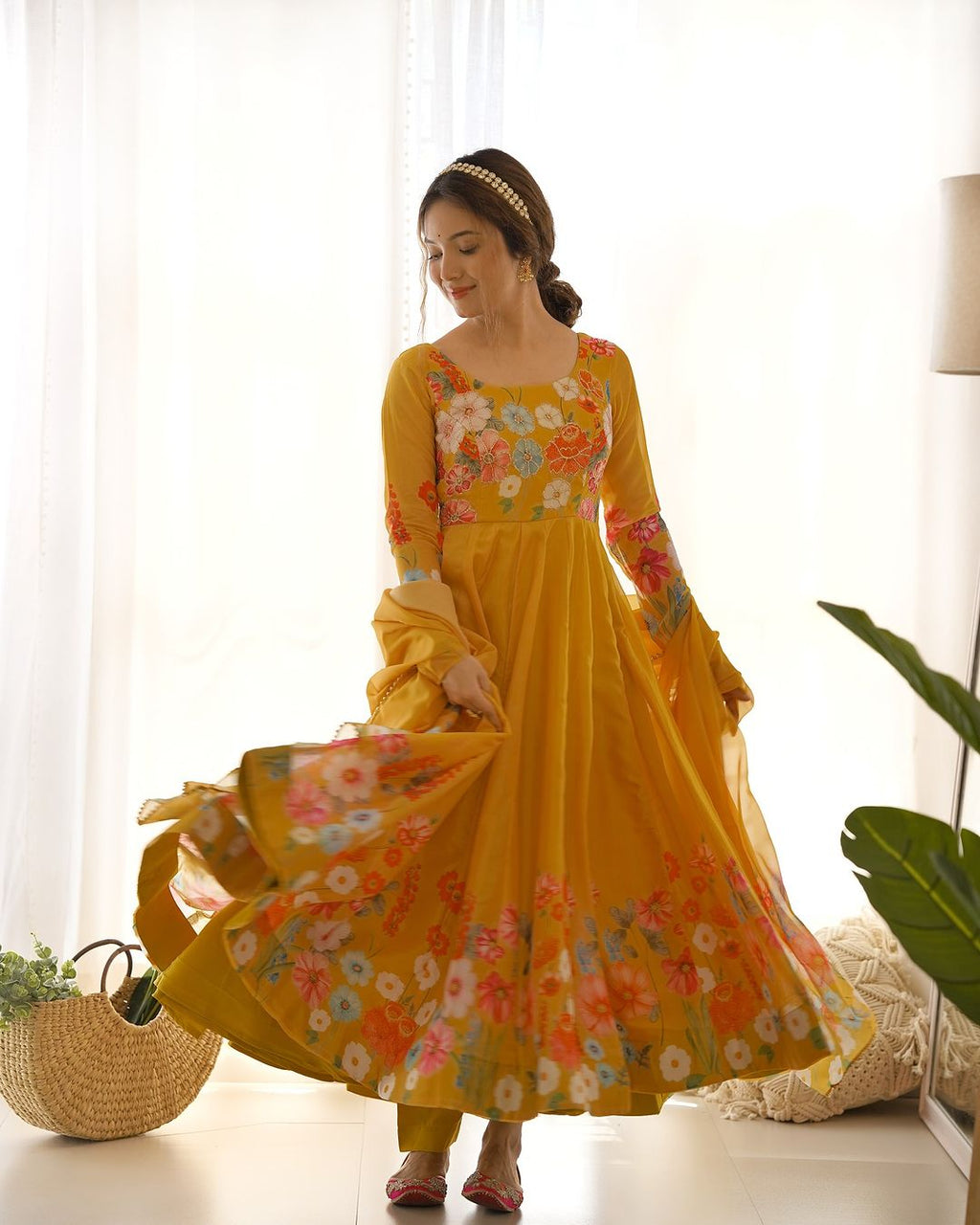 Darshika yellow organza floral printed Anarkali suit set
