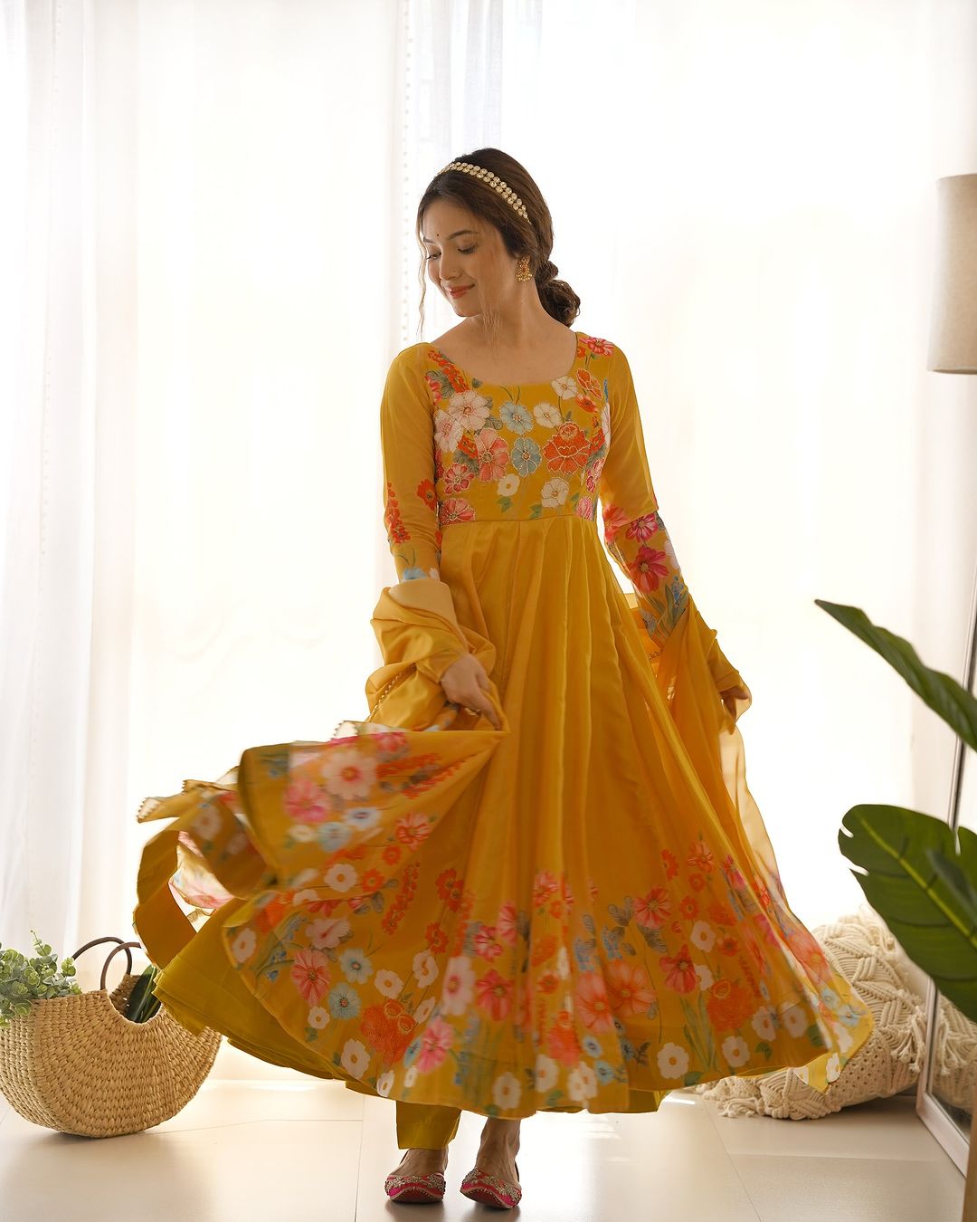 Darshika yellow organza floral printed Anarkali suit set