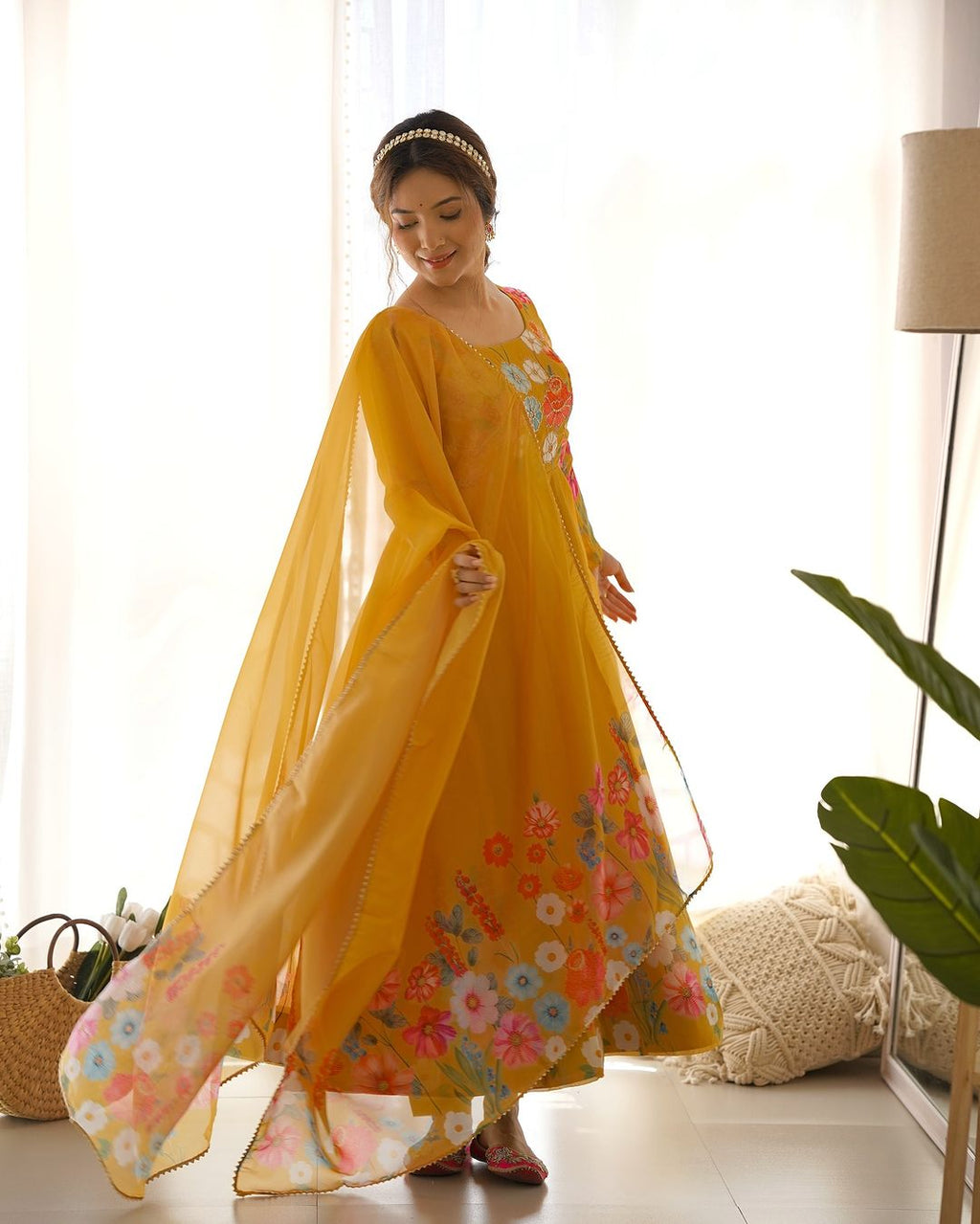 Darshika yellow organza floral printed Anarkali suit set