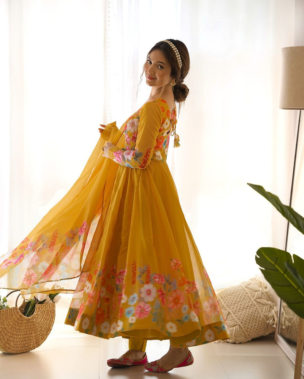 Darshika yellow organza floral printed Anarkali suit set