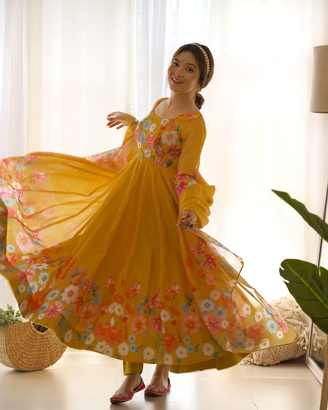 Darshika yellow organza floral printed Anarkali suit set
