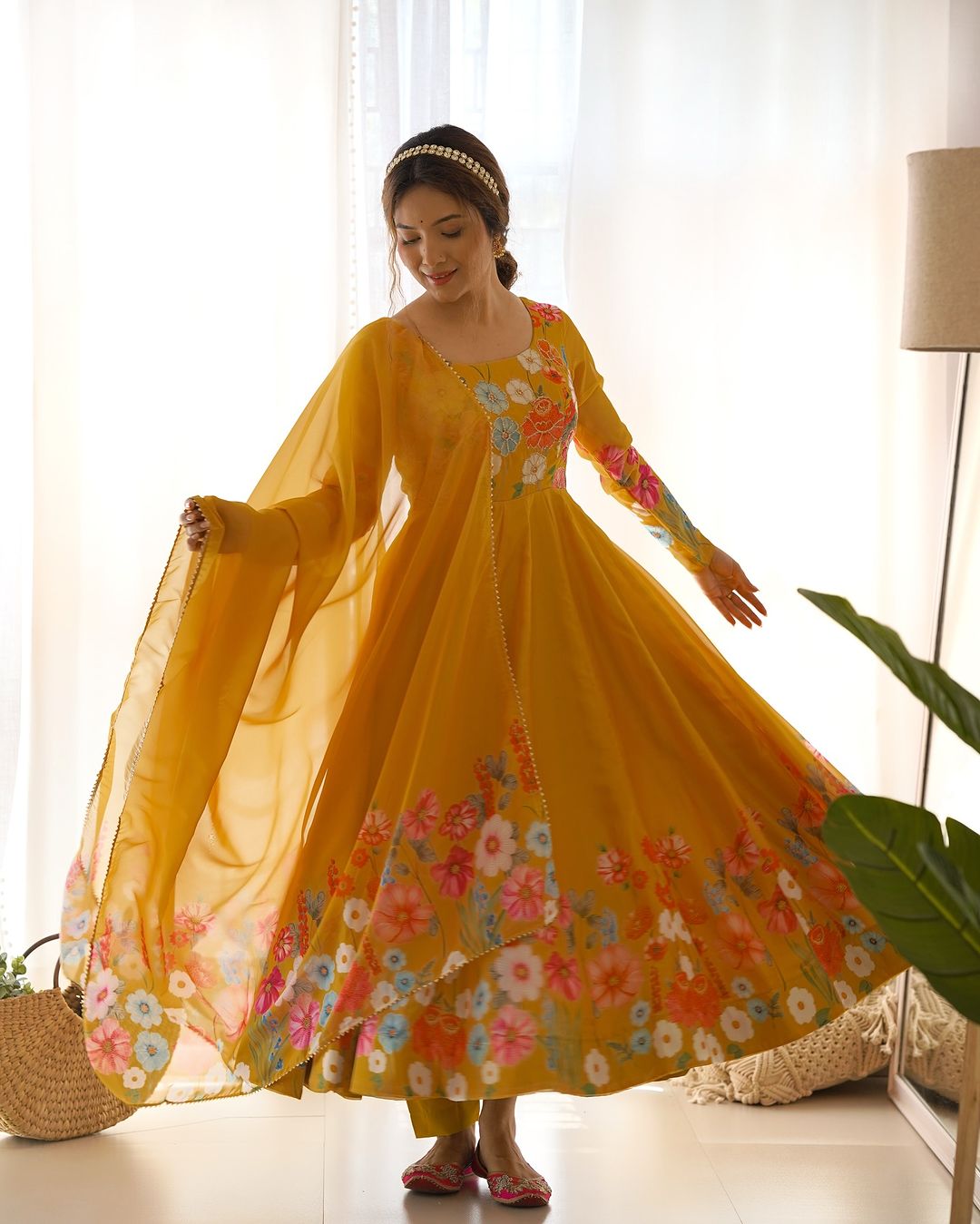 Darshika yellow organza floral printed Anarkali suit set