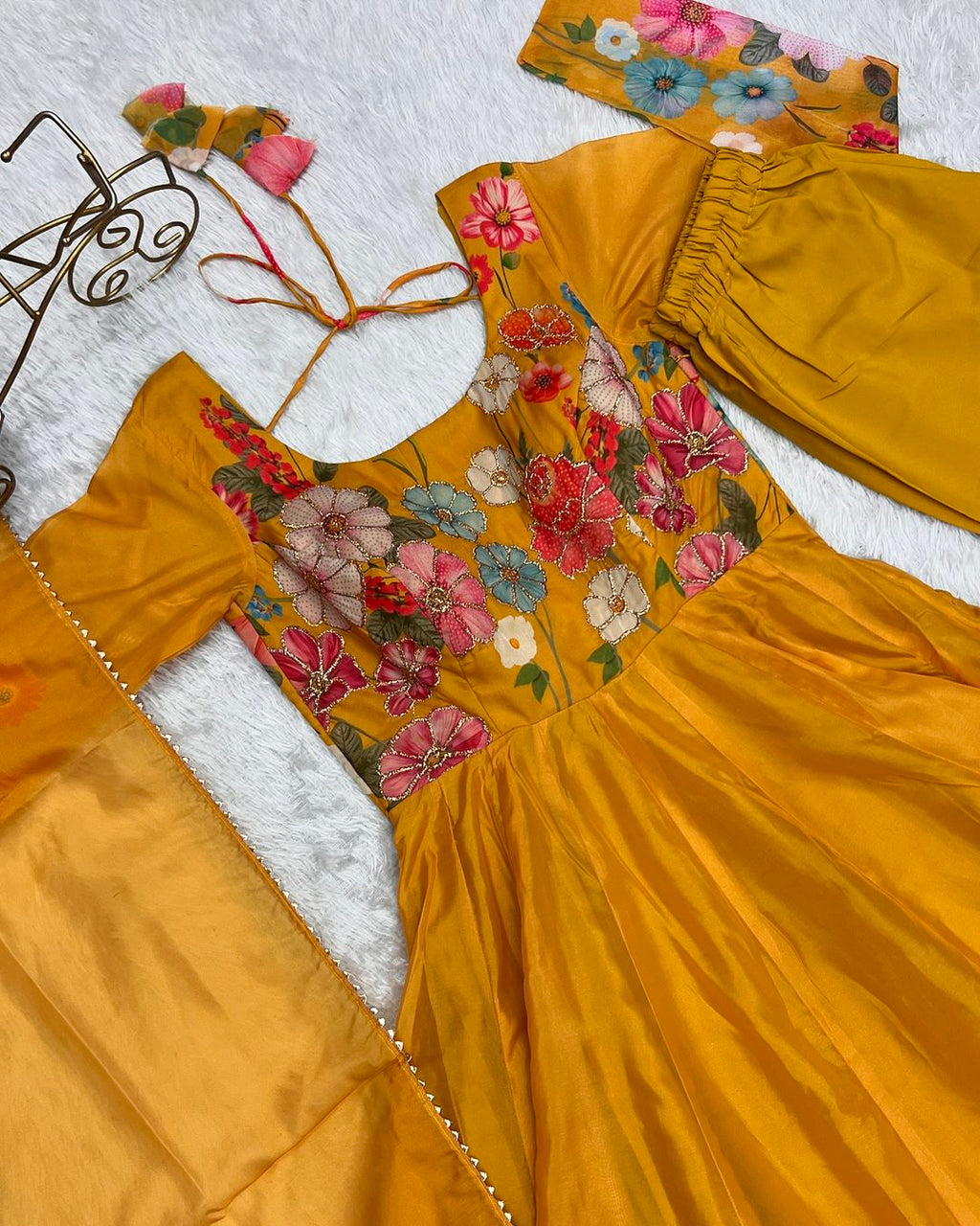 Darshika yellow organza floral printed Anarkali suit set