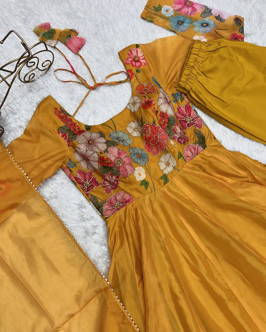 Darshika yellow organza floral printed Anarkali suit set