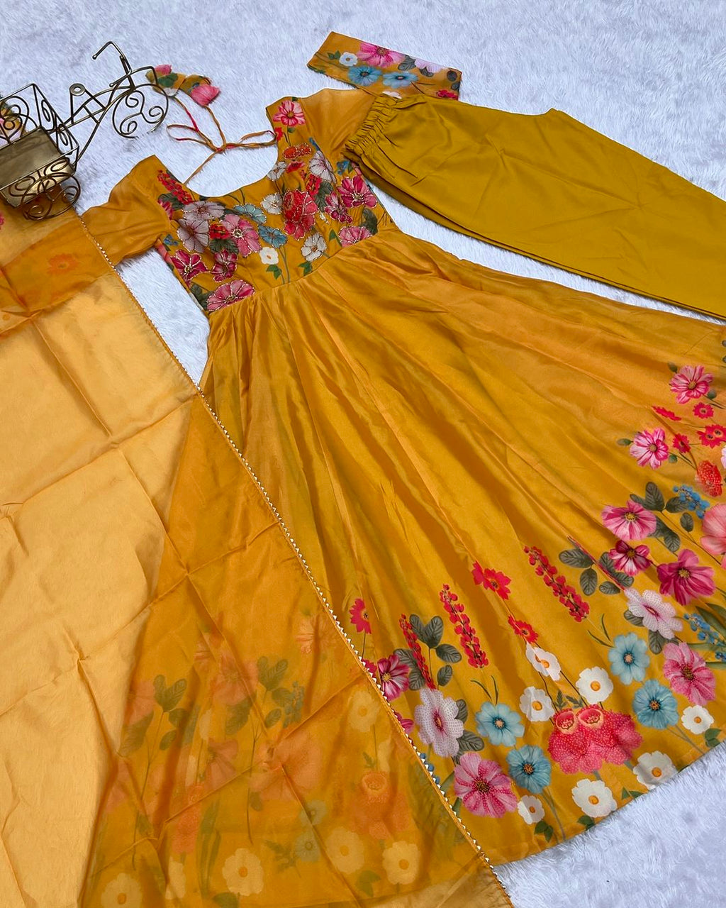 Darshika yellow organza floral printed Anarkali suit set