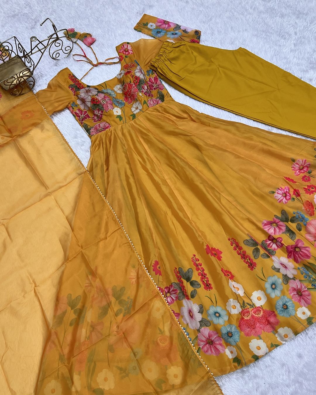 Darshika yellow organza floral printed Anarkali suit set