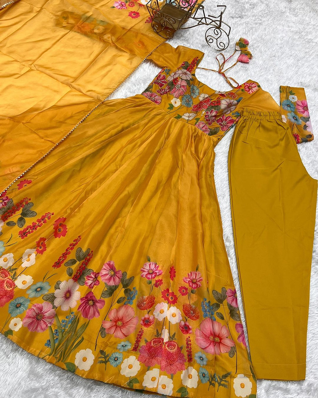 Darshika yellow organza floral printed Anarkali suit set