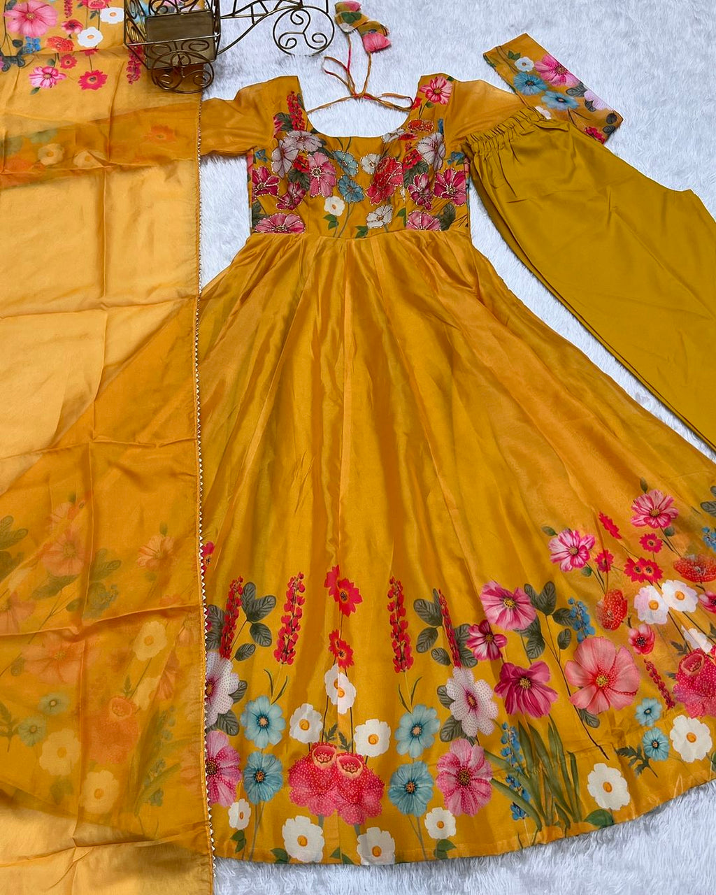 Darshika yellow organza floral printed Anarkali suit set