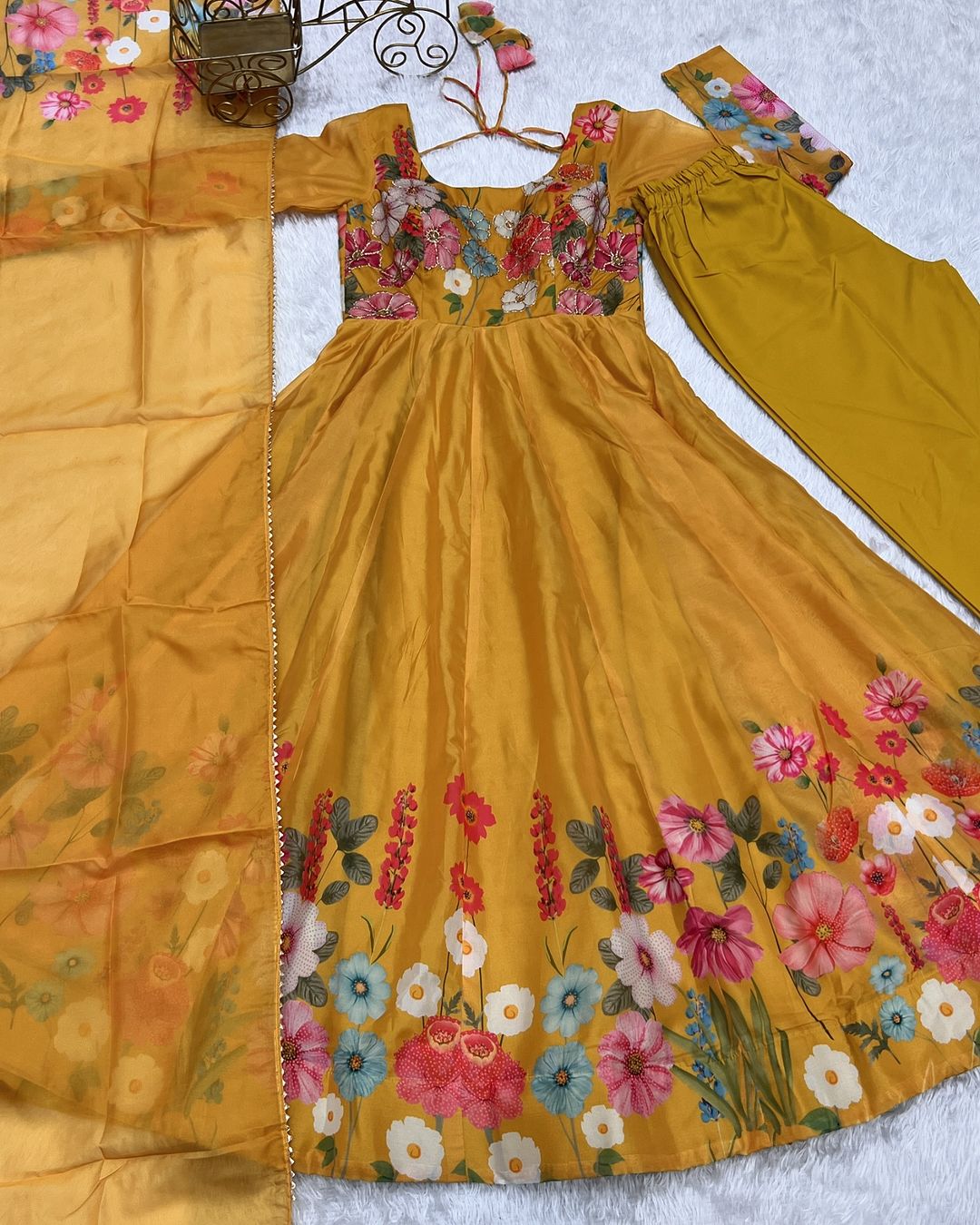 Darshika yellow organza floral printed Anarkali suit set