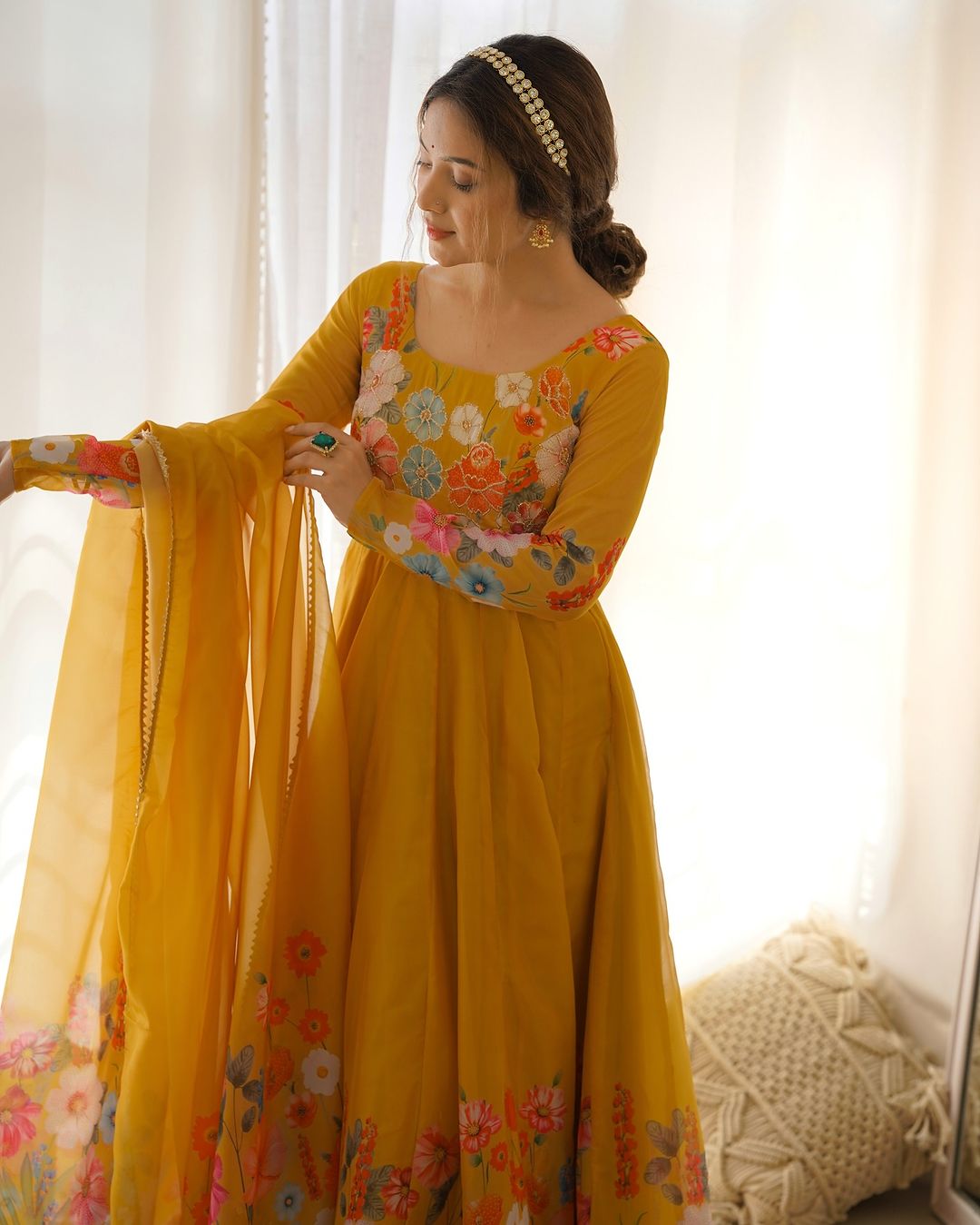 Darshika yellow organza floral printed Anarkali suit set