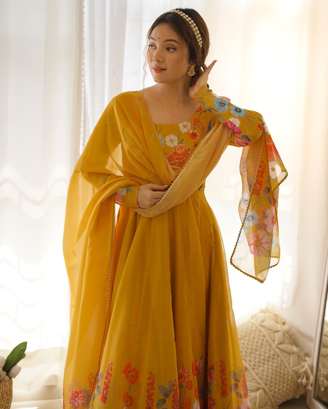 Darshika yellow organza floral printed Anarkali suit set