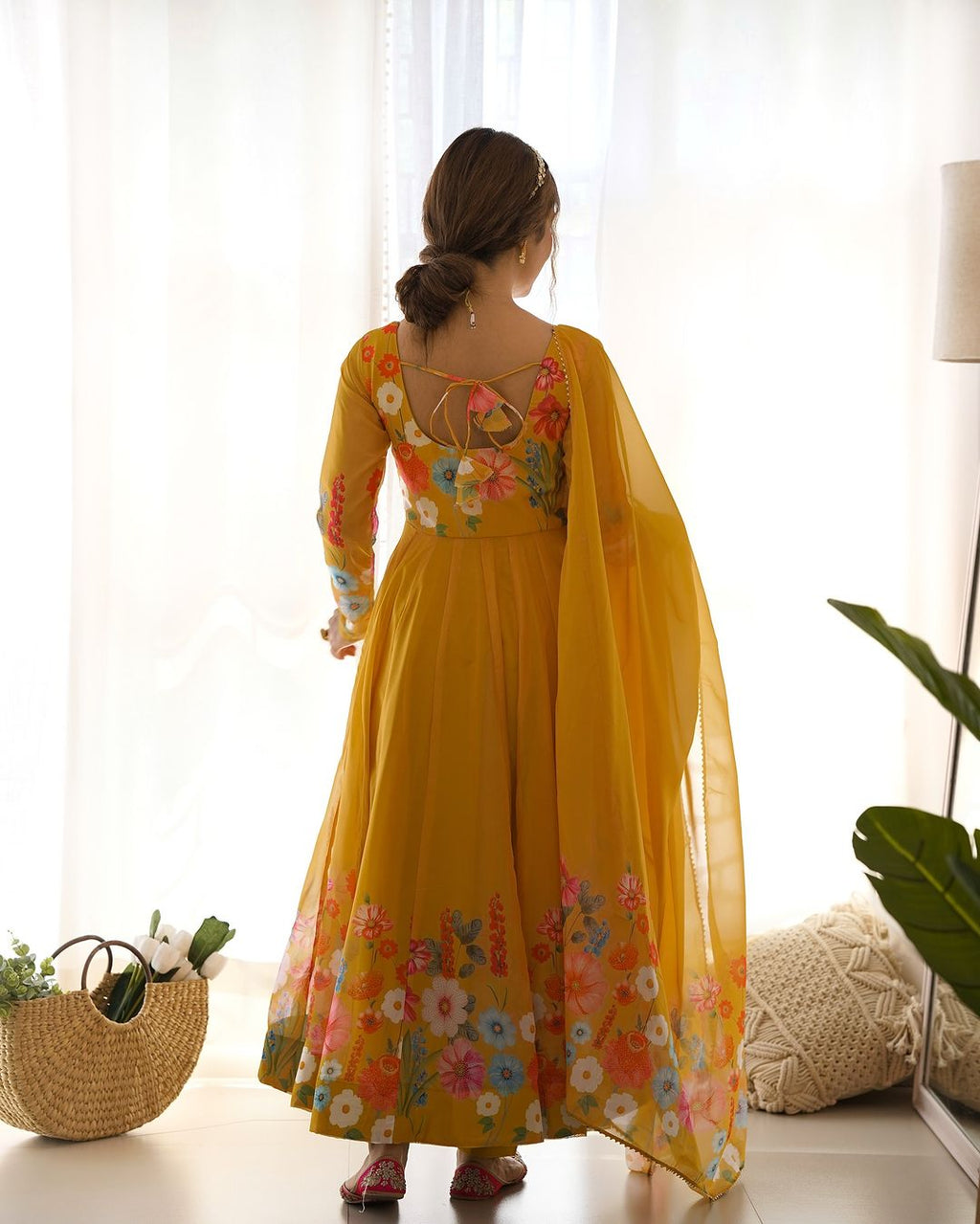 Darshika yellow organza floral printed Anarkali suit set