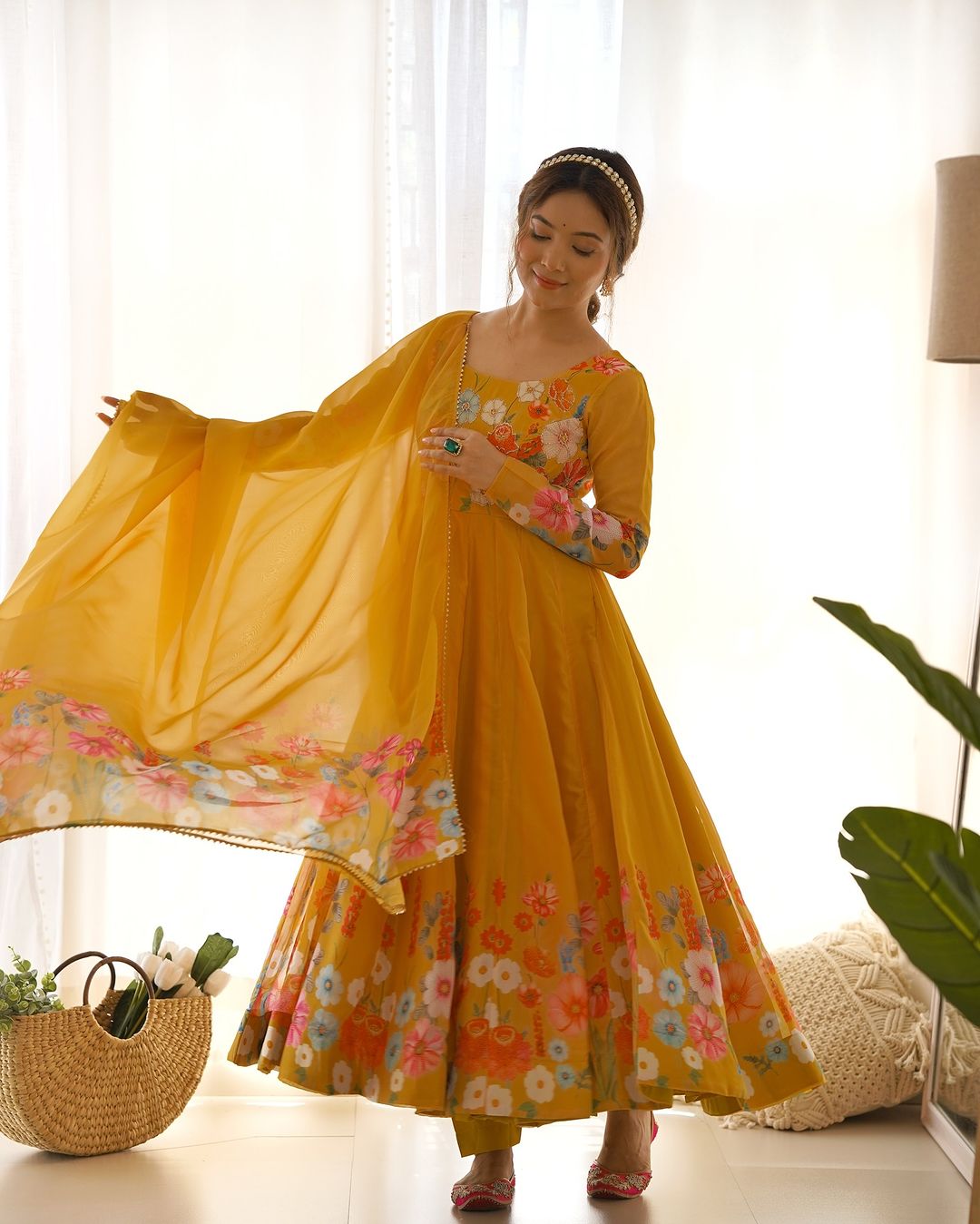 Darshika yellow organza floral printed Anarkali suit set