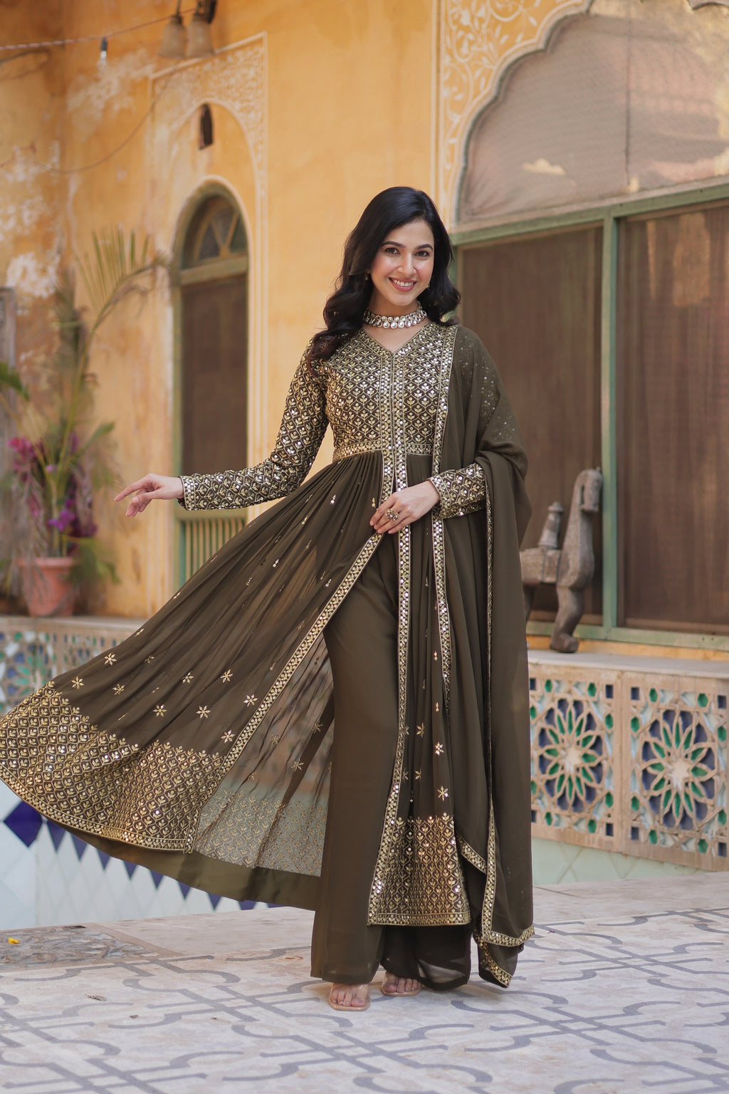 Deeshna mehndi green embroidered anarkali gown set