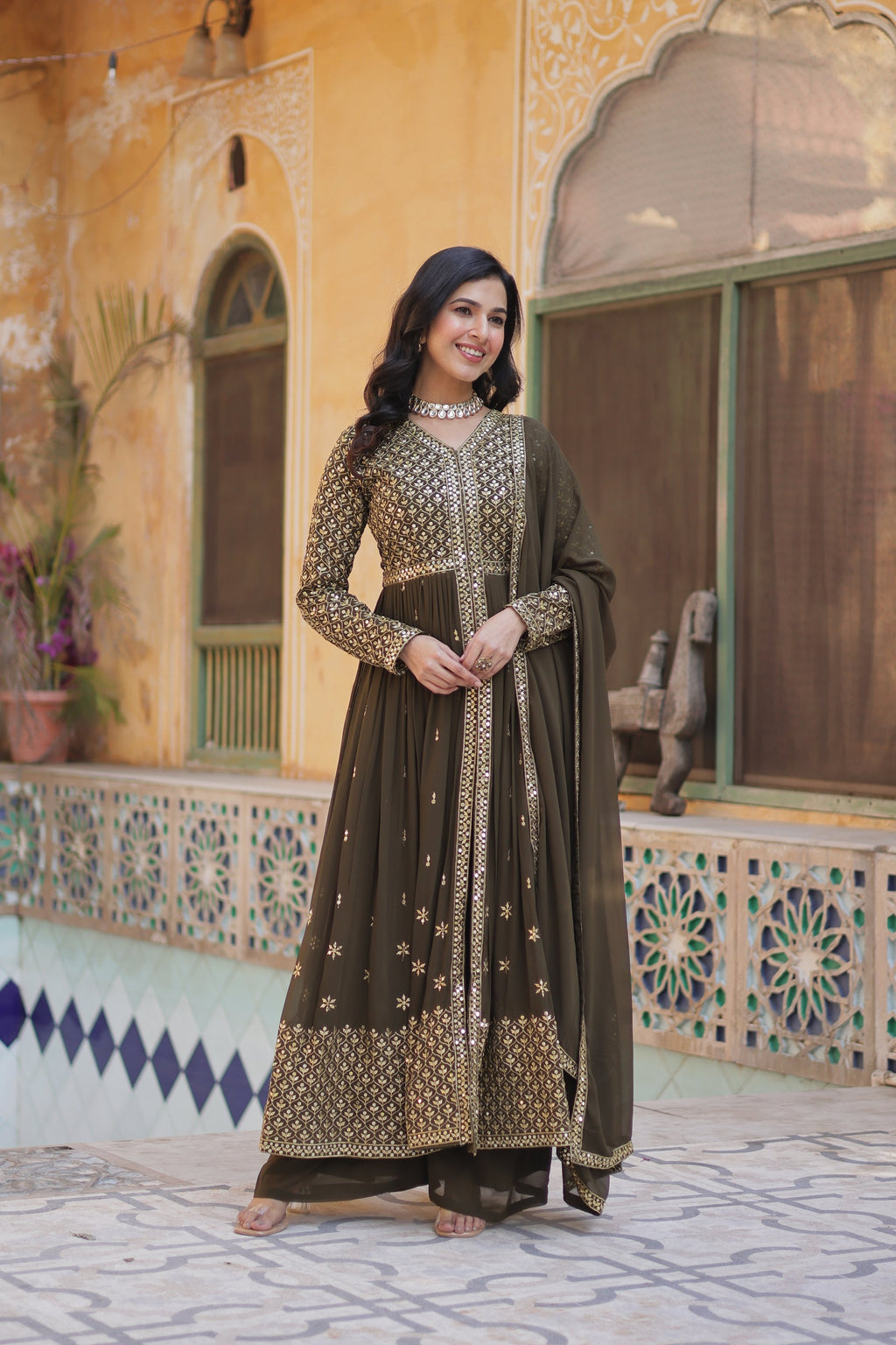 Deeshna mehndi green embroidered anarkali gown set