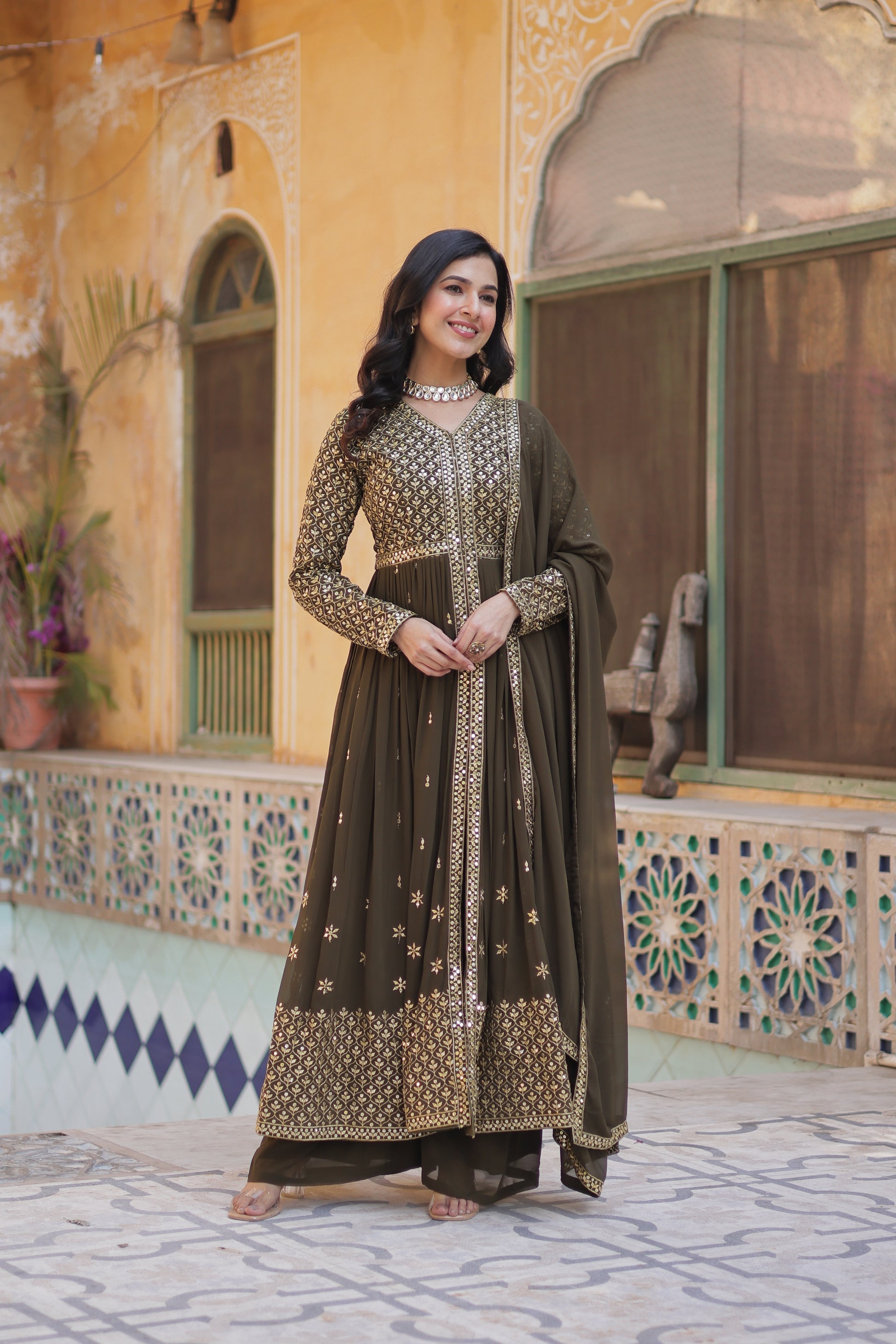 Deeshna mehndi green embroidered anarkali gown set