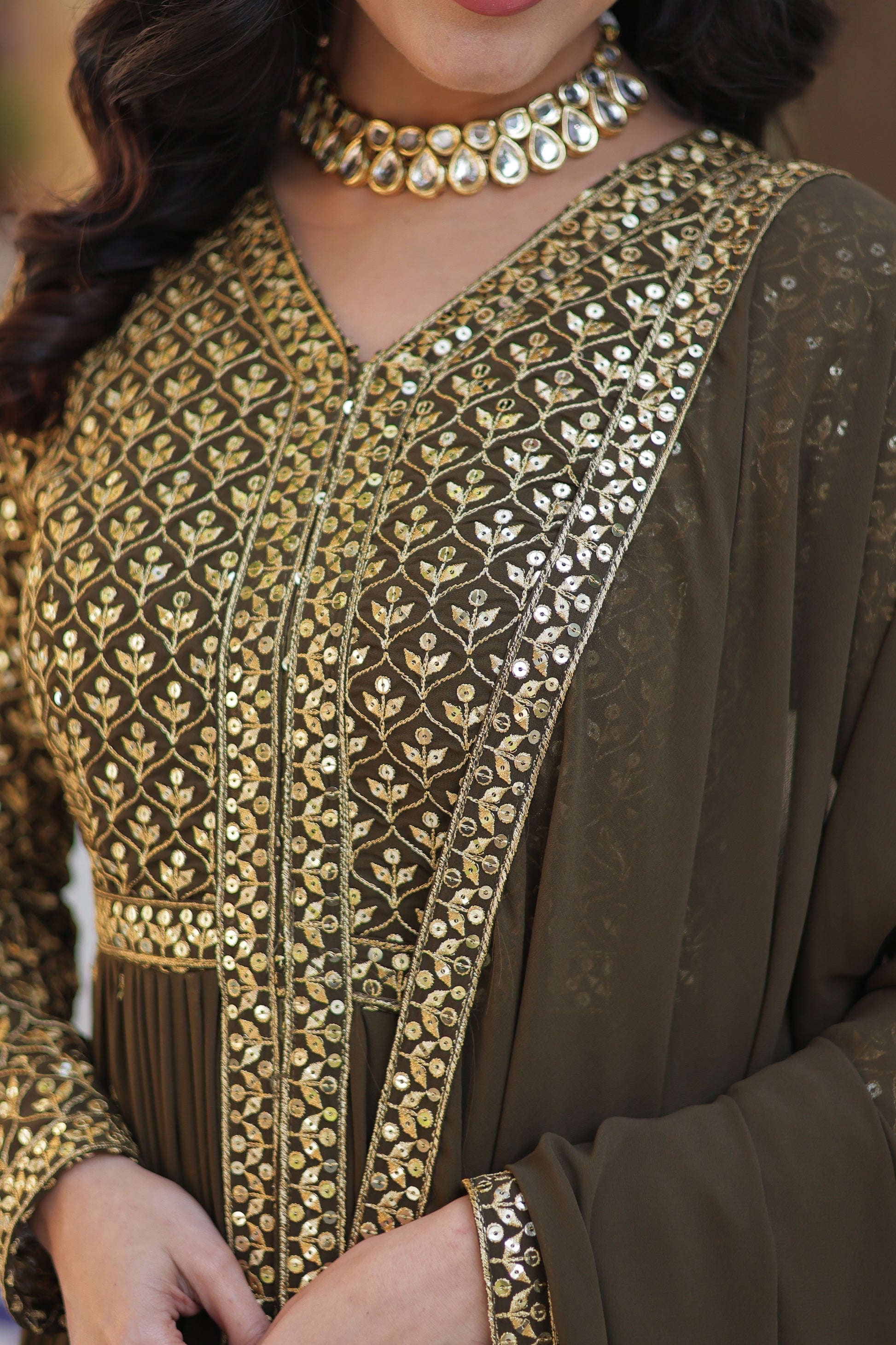 Deeshna mehndi green embroidered anarkali gown set