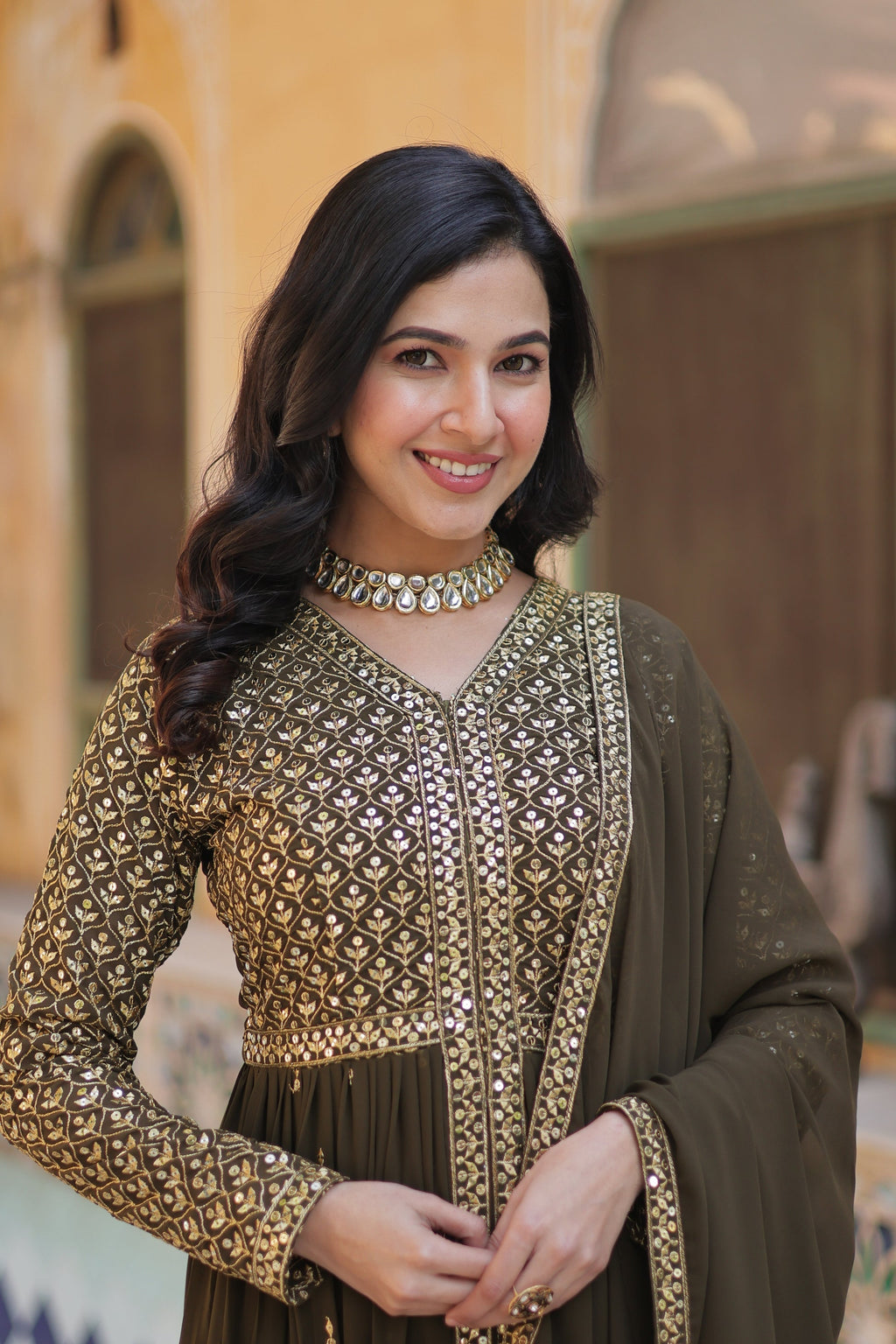 Deeshna mehndi green embroidered anarkali gown set