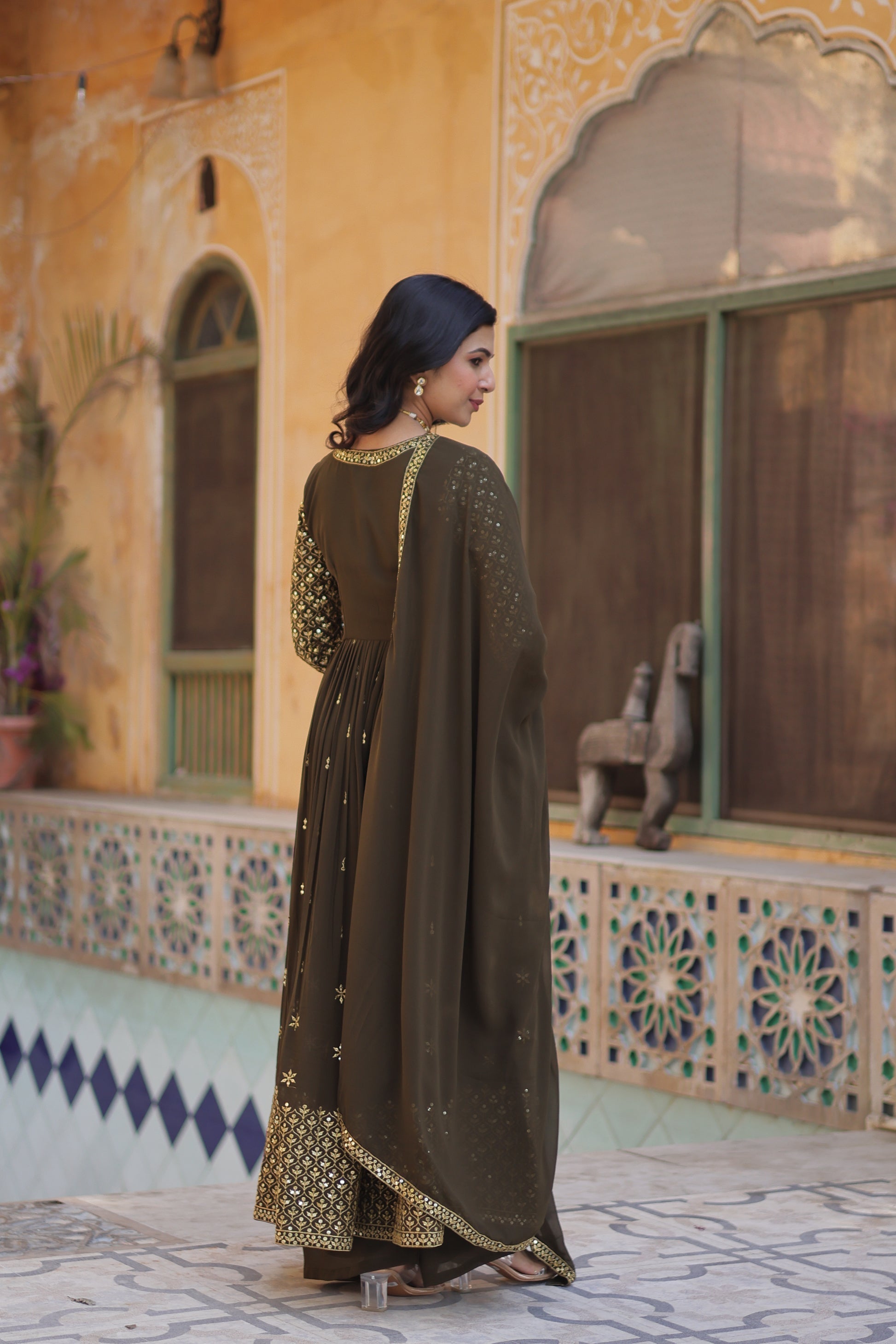 Deeshna mehndi green embroidered anarkali gown set